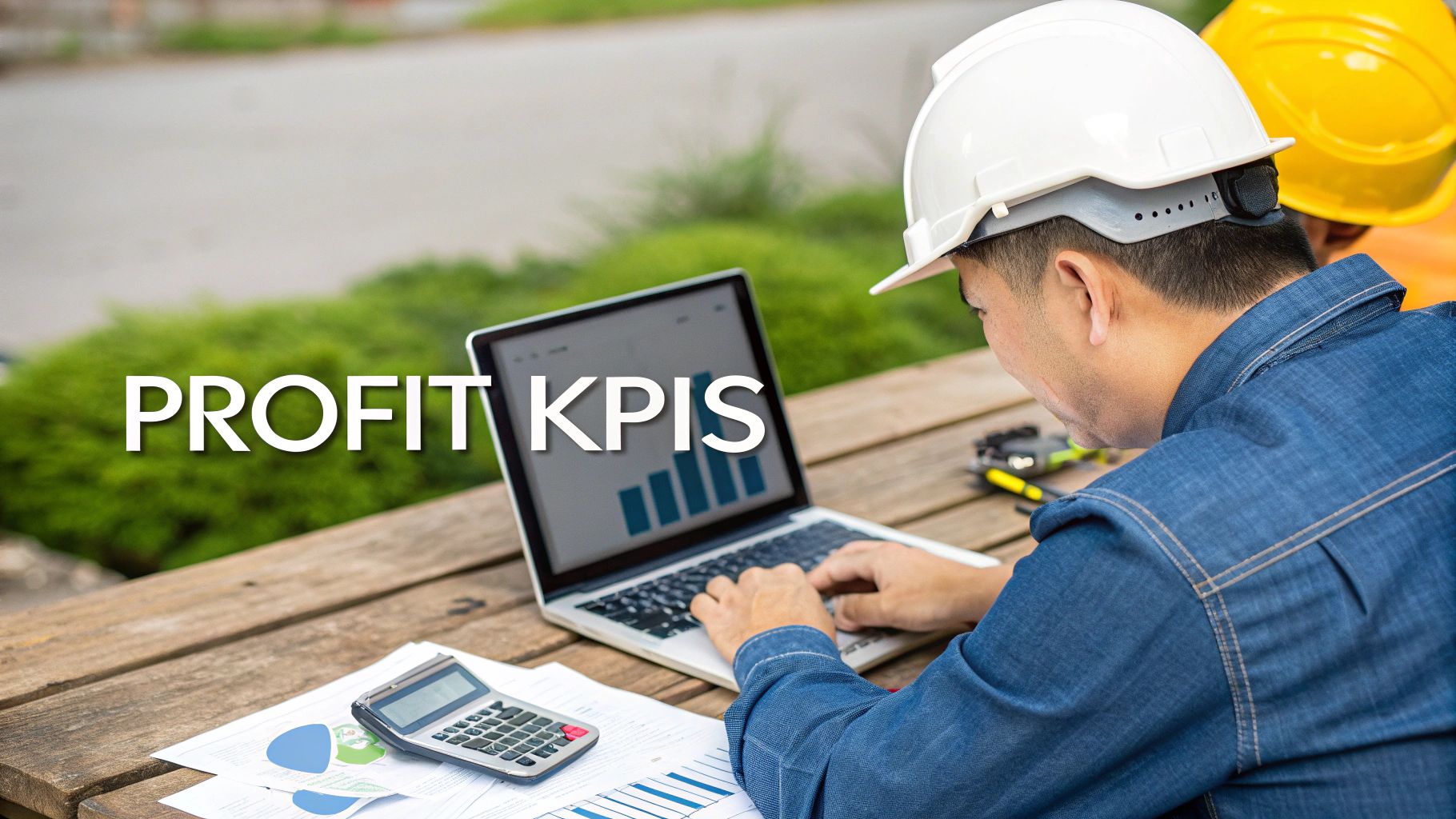 Construction worker in a hard hat analyzing 'PROFIT KPIS' on a laptop with charts and calculator.