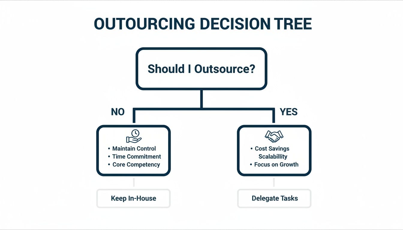 Decision tree diagram for outsourcing, showing reasons to keep tasks in-house or delegate them.