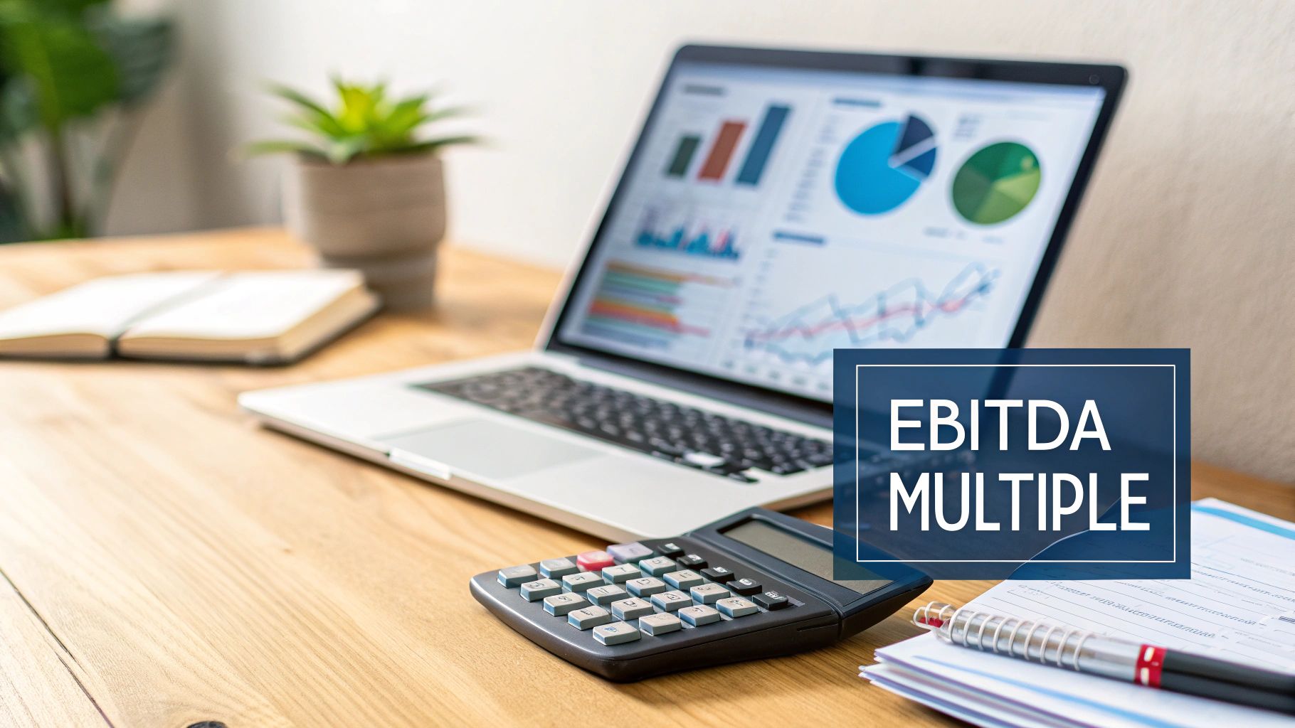 A desk with a laptop displaying financial charts, a calculator, and a notebook, featuring an 'EBITDA Multiple' overlay.