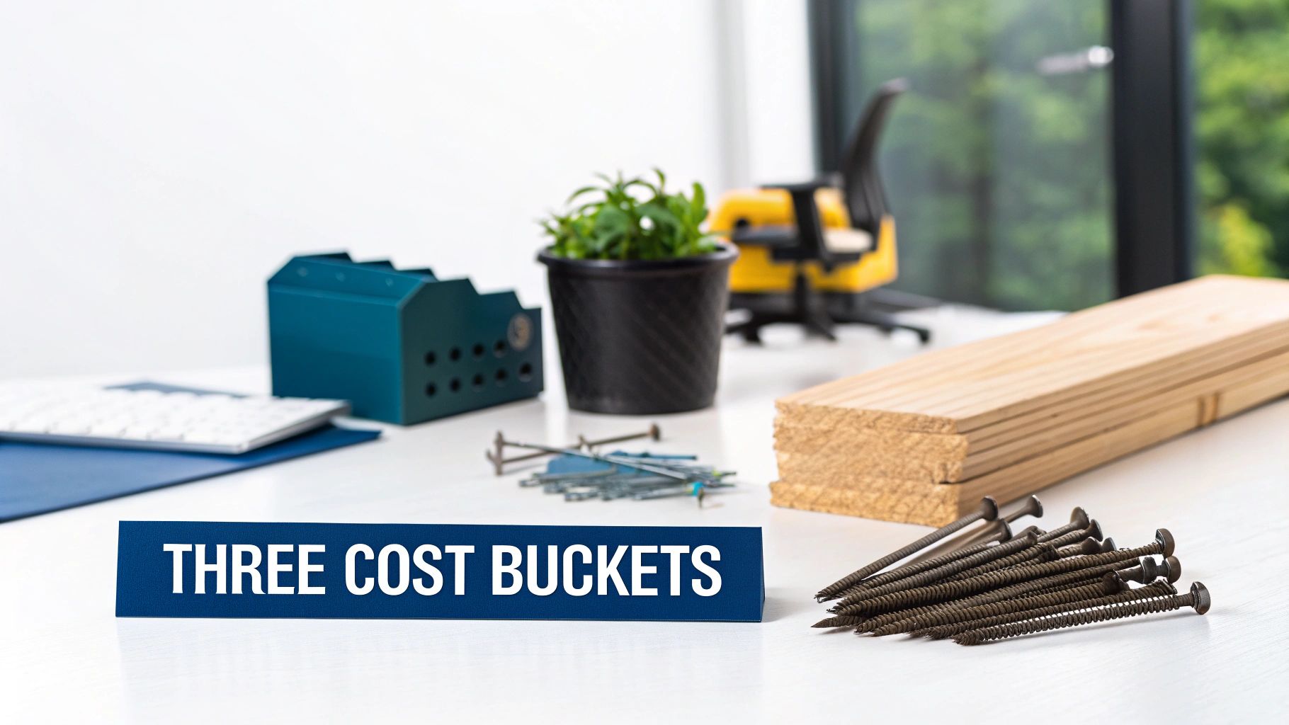 A blue sign reads 'THREE COST BUCKETS' on a white desk with wood planks and nails.