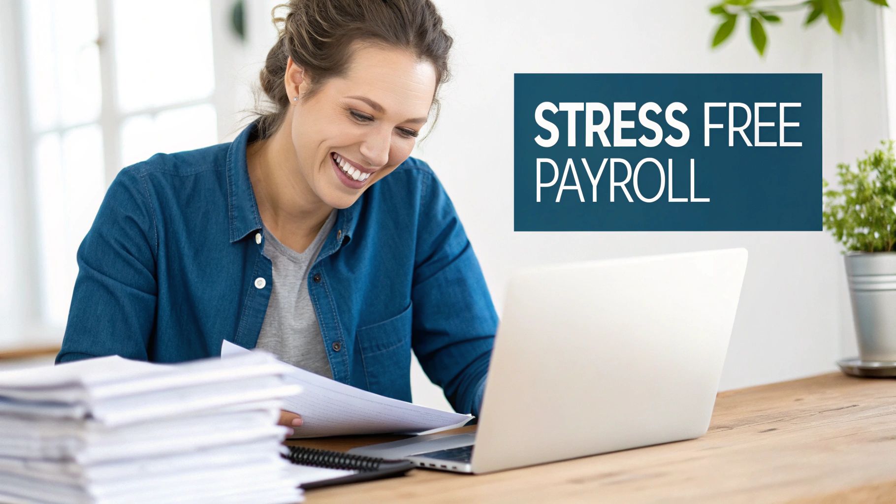 Smiling woman processing payroll on a laptop with papers, promoting stress-free payroll.
