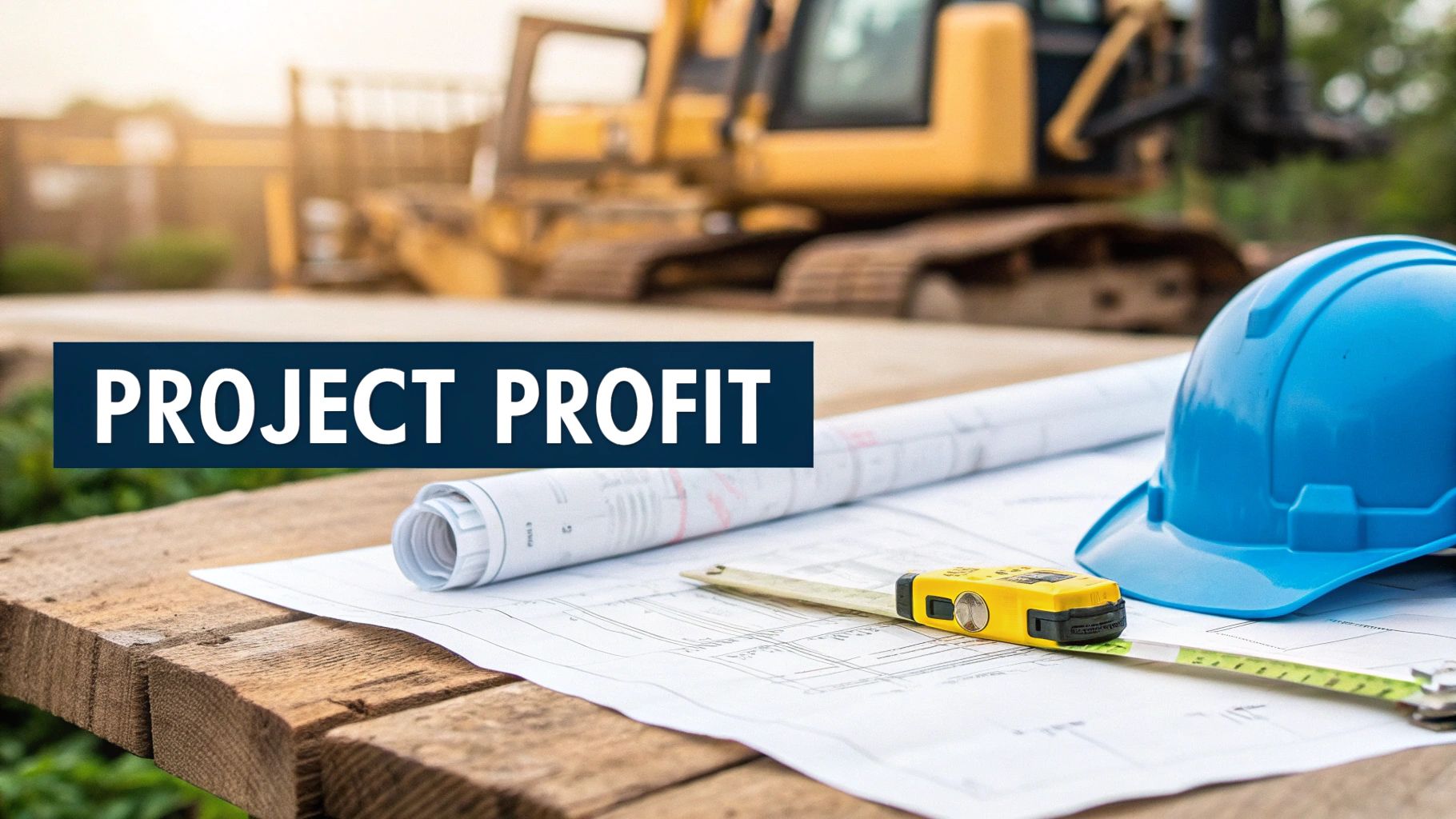 Construction blueprints, a blue hard hat, and a tape measure on a wooden surface, with text 'PROJECT PROFIT' and heavy machinery in the background.