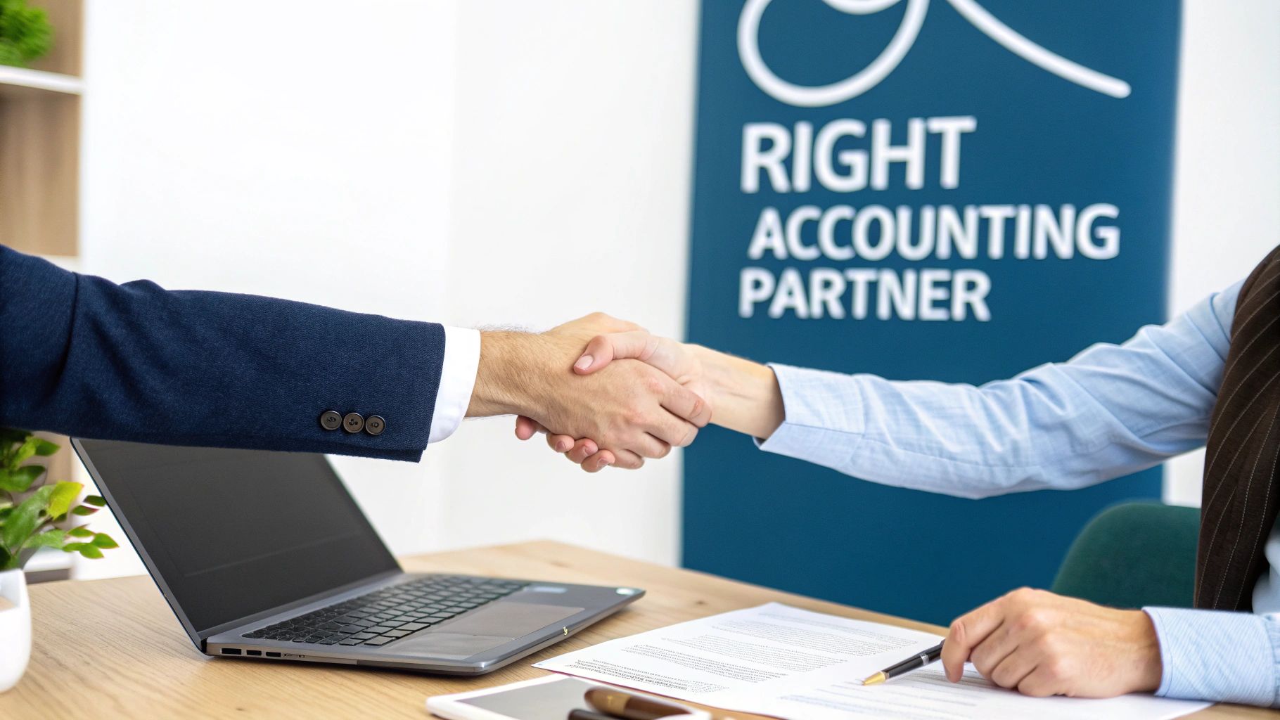 Close-up of two people shaking hands in an office, with an accounting banner.