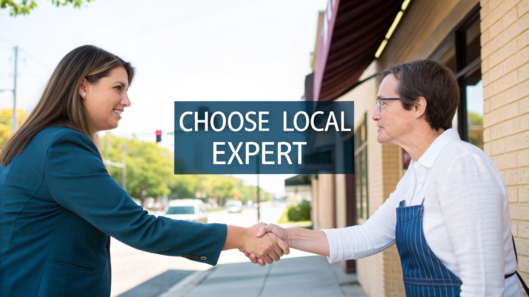 Two smiling women, one in a business suit and one in an apron, shake hands on a sidewalk.