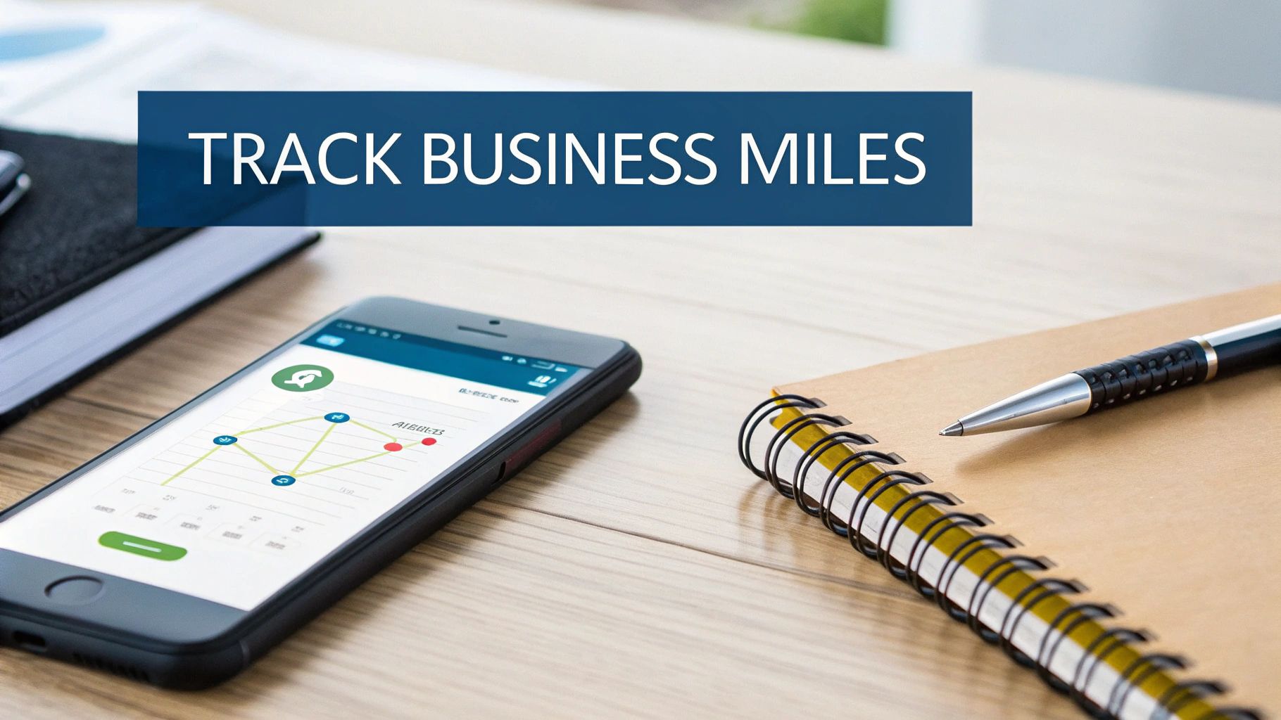 Smartphone displaying a mileage tracking app, next to a notebook and pen; text reads 'TRACK BUSINESS MILES'.