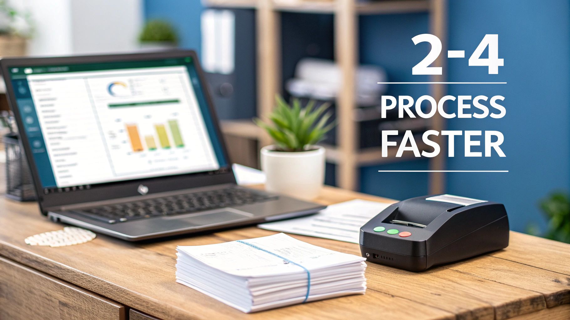 Office desk with a laptop displaying financial charts, a document scanner, and a stack of papers, emphasizing faster processing.