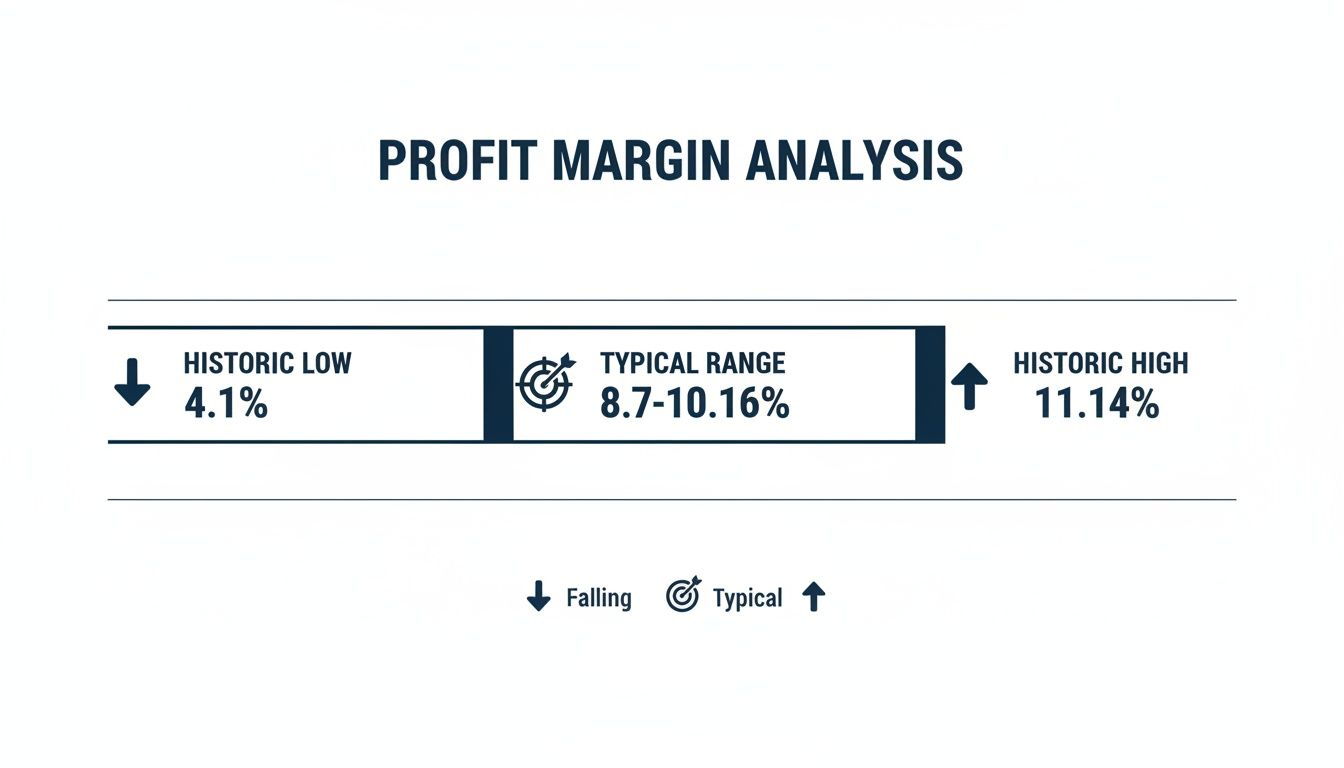 Profit margin analysis chart showing historic low 4.1%, typical range 8.7-10.16%, and historic high 11.14%.
