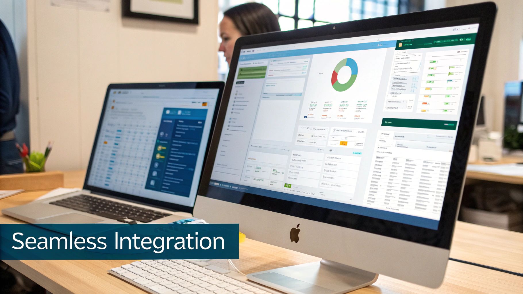 Two computers, a laptop and an iMac, display business dashboards with charts and data, highlighting seamless integration.