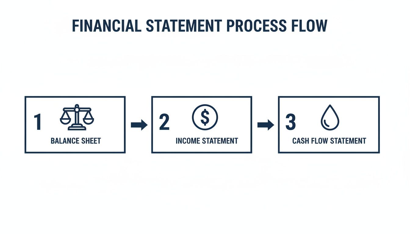 Flowchart illustrating the three main financial statements: Balance Sheet, Income Statement, and Cash Flow Statement.
