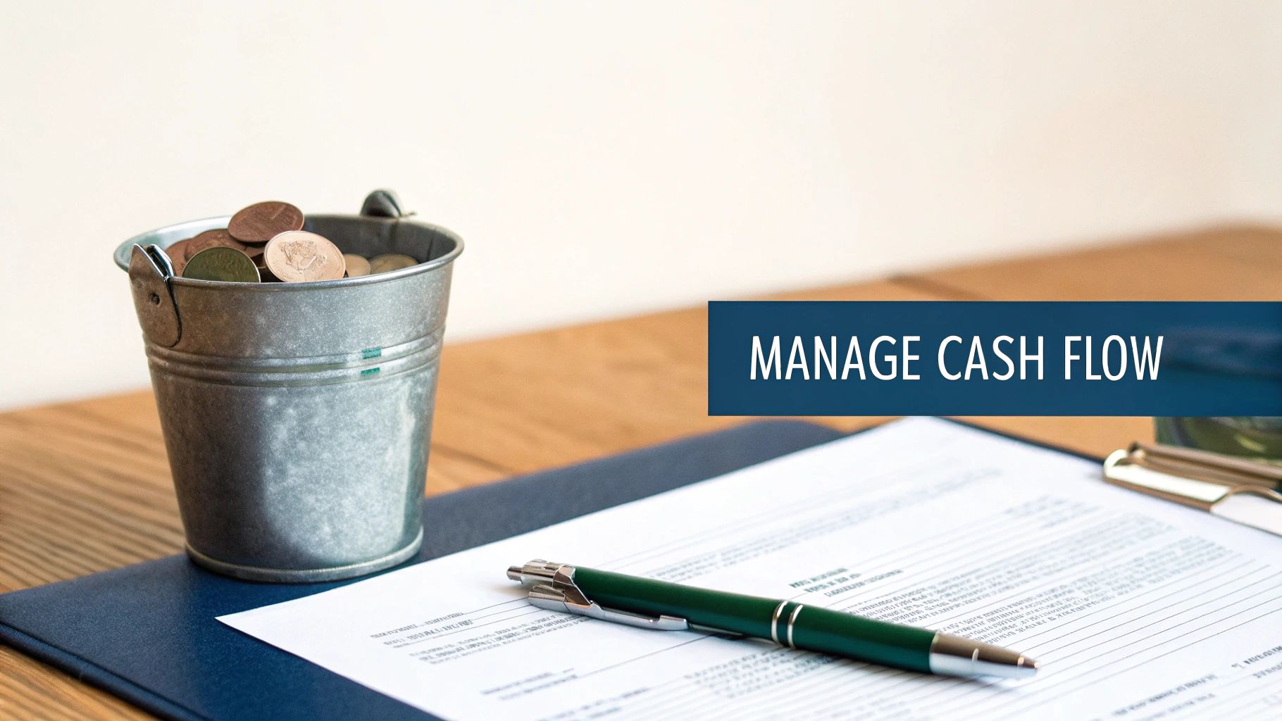 A metal bucket filled with coins, a document, and a pen on a desk, with text 'MANAGE CASH FLOW'.