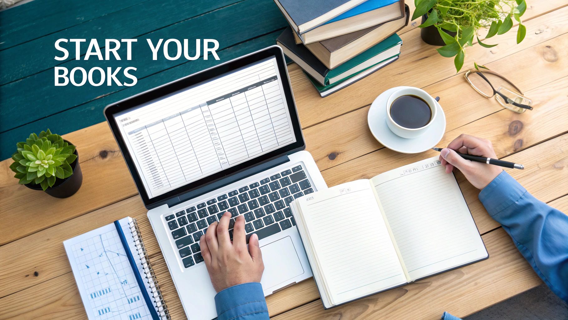 Overhead view of a person managing finances on a laptop and writing in a notebook at a desk.