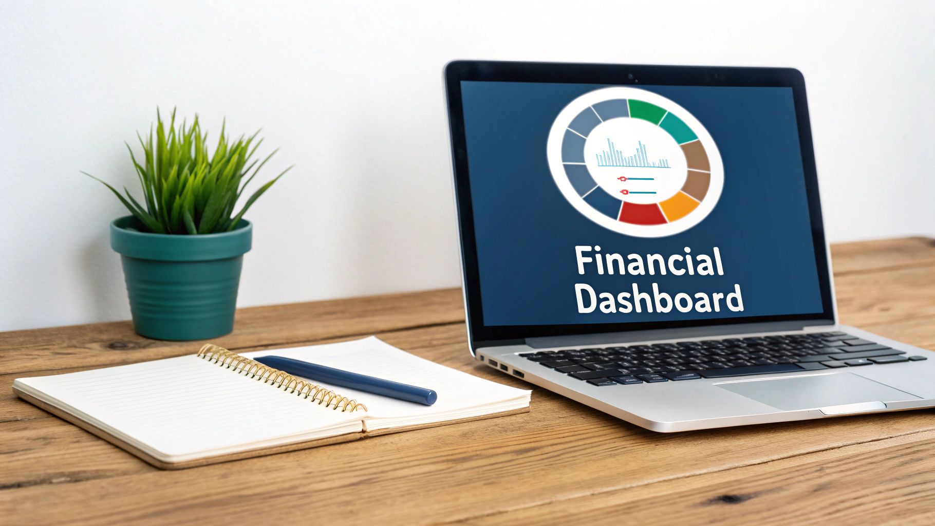 A laptop displaying a 'Financial Dashboard' with charts, a notebook, and a plant on a wooden desk.