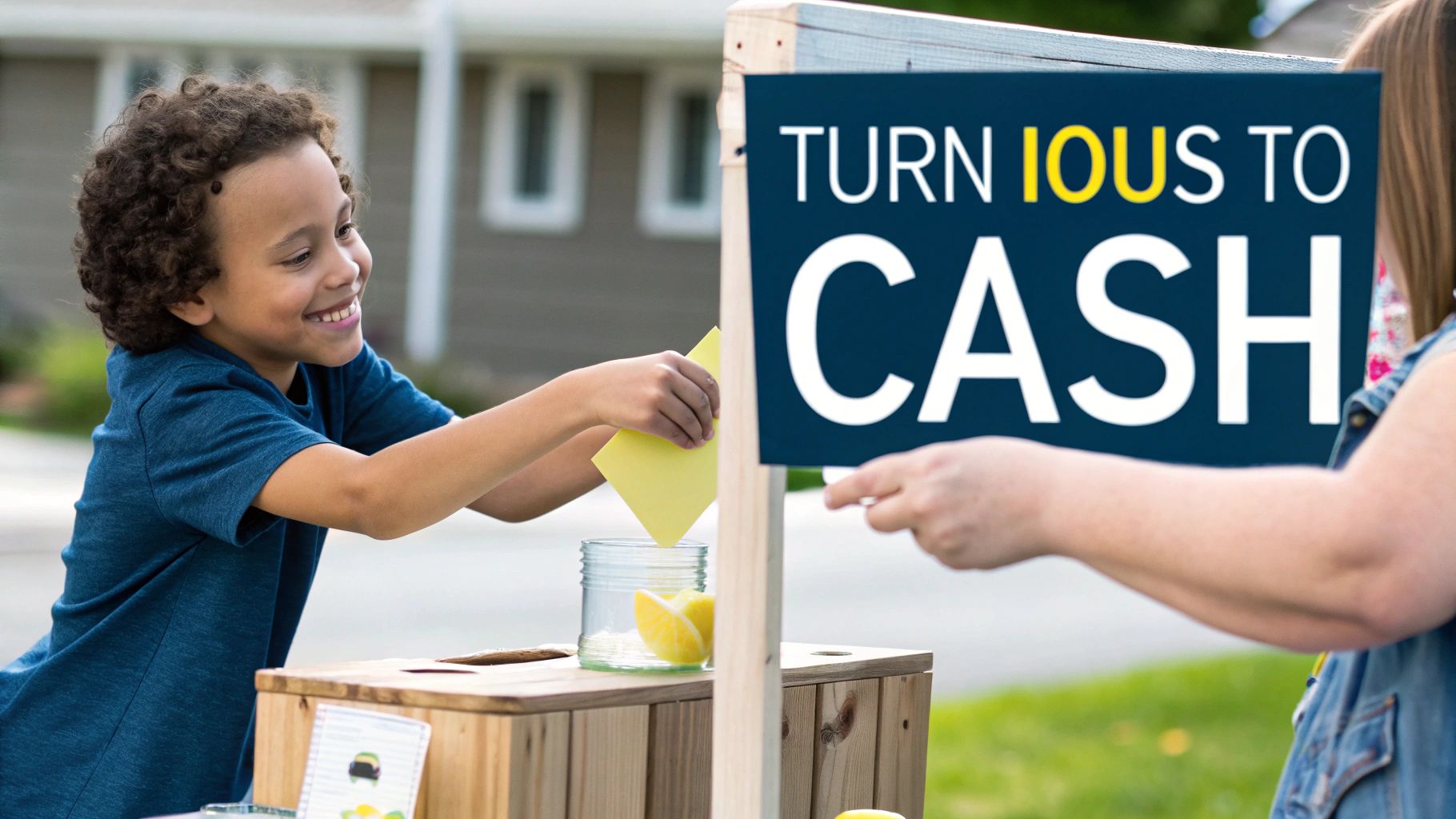 A smiling boy puts a yellow paper into a jar at a stand with a 'Turn IOUs to Cash' sign.