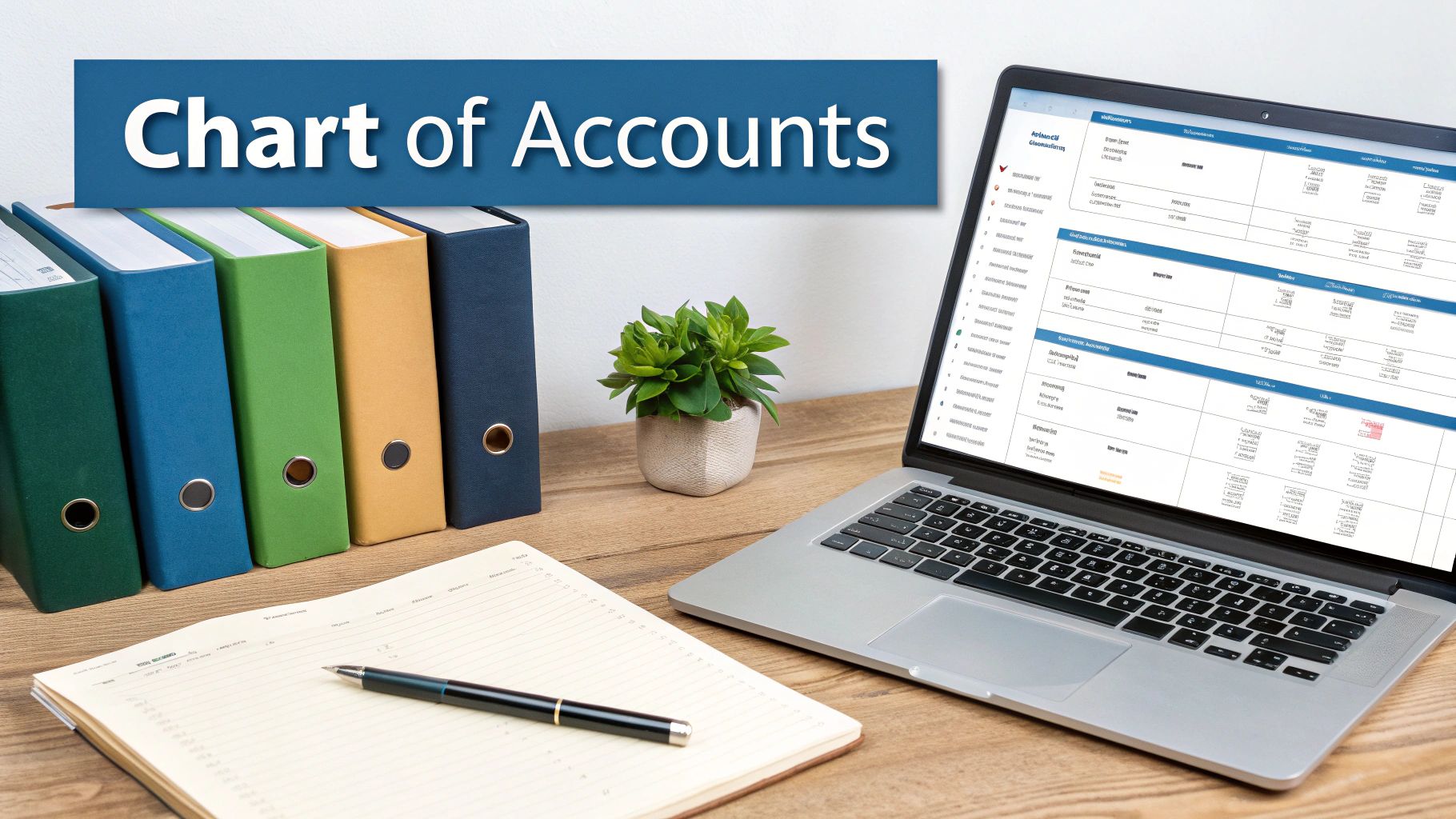 A laptop screen displays a detailed chart of accounts, surrounded by office binders and supplies.