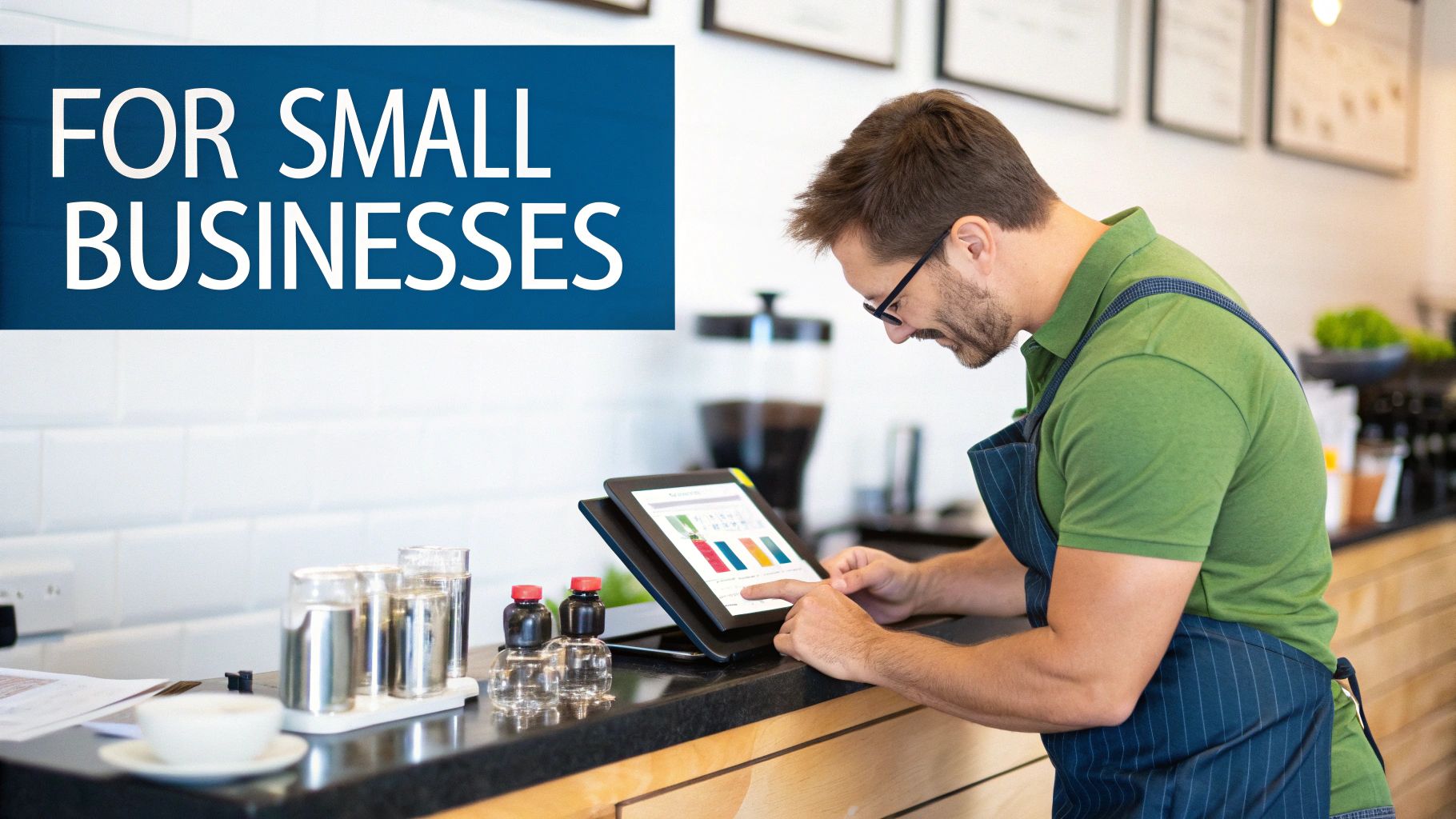 A man in an apron analyzing business data on a tablet at a counter, with a 'FOR SMALL BUSINESSES' banner.
