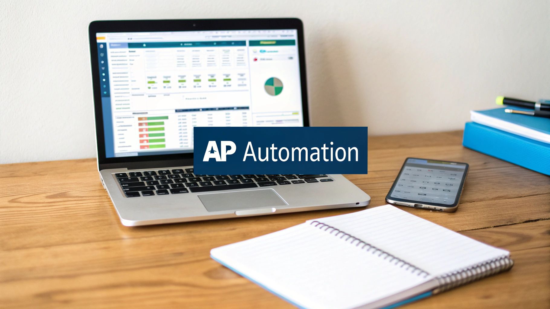 Laptop displaying a financial dashboard with a smartphone, notebook, and 'AP Automation' banner on a wooden desk.