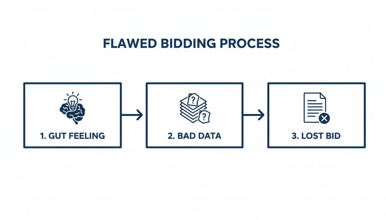 A flowchart illustrates the flawed bidding process: gut feeling, bad data, leading to a lost bid.