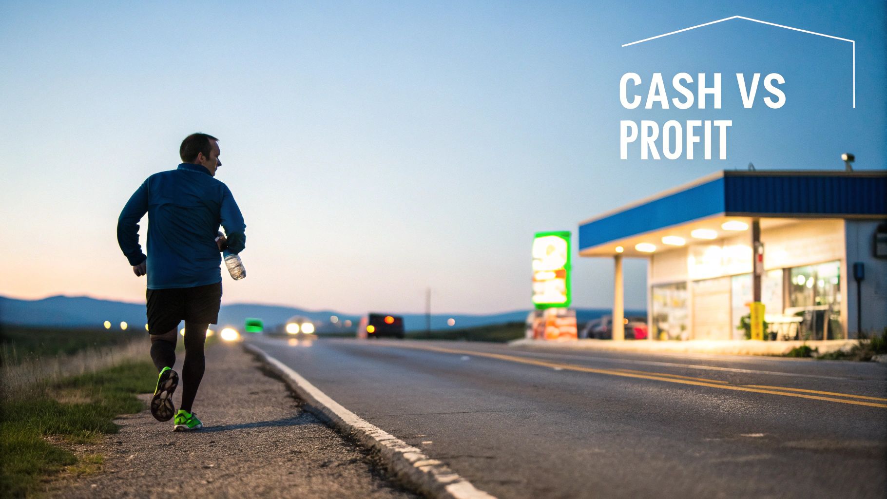 A man jogs along a road at dusk past a gas station, with "CASH VS PROFIT" text.