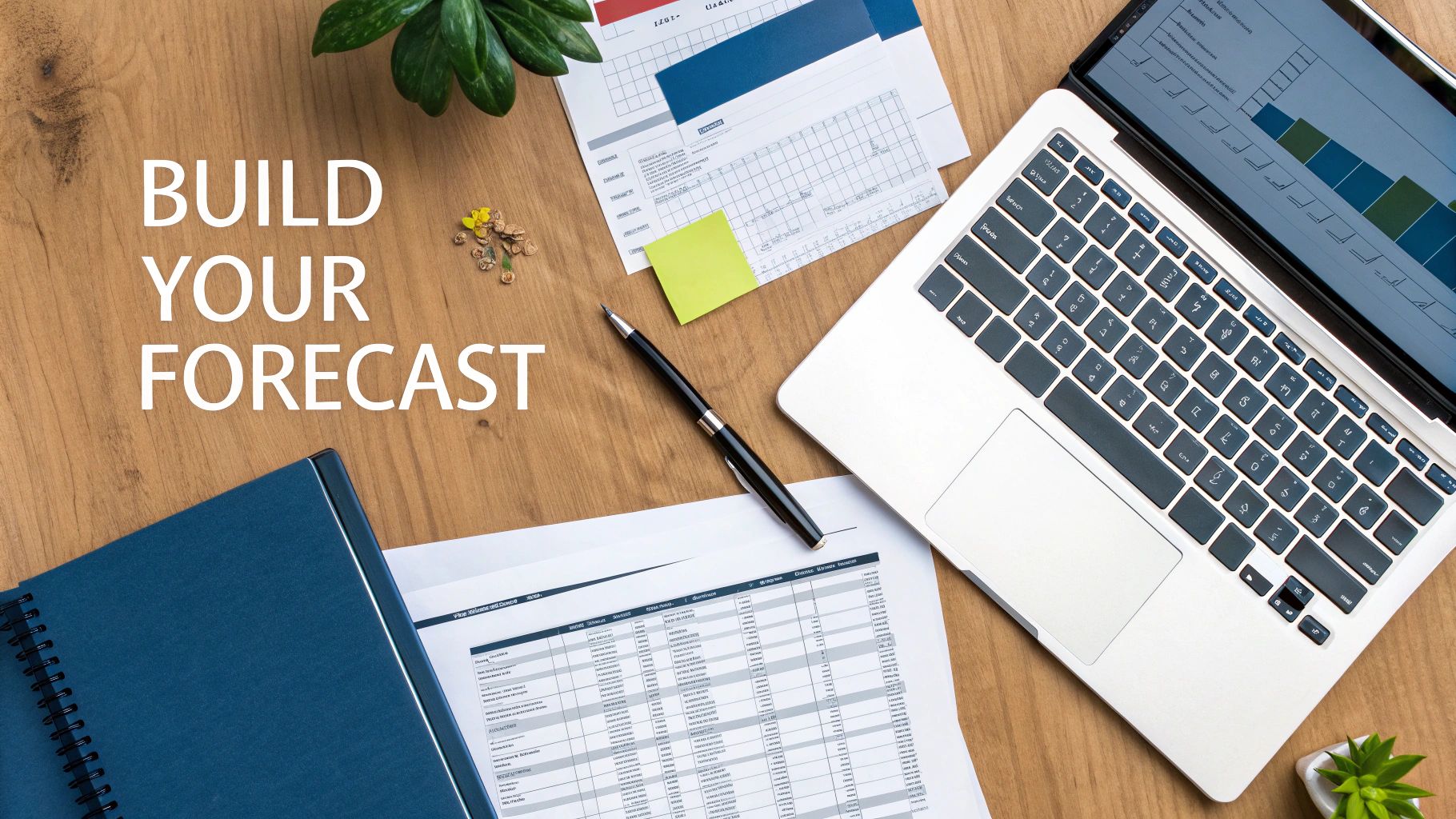 Overhead shot of a wooden desk with a laptop, spreadsheets, a pen, and a notebook, with text 'BUILD YOUR FORECAST'.