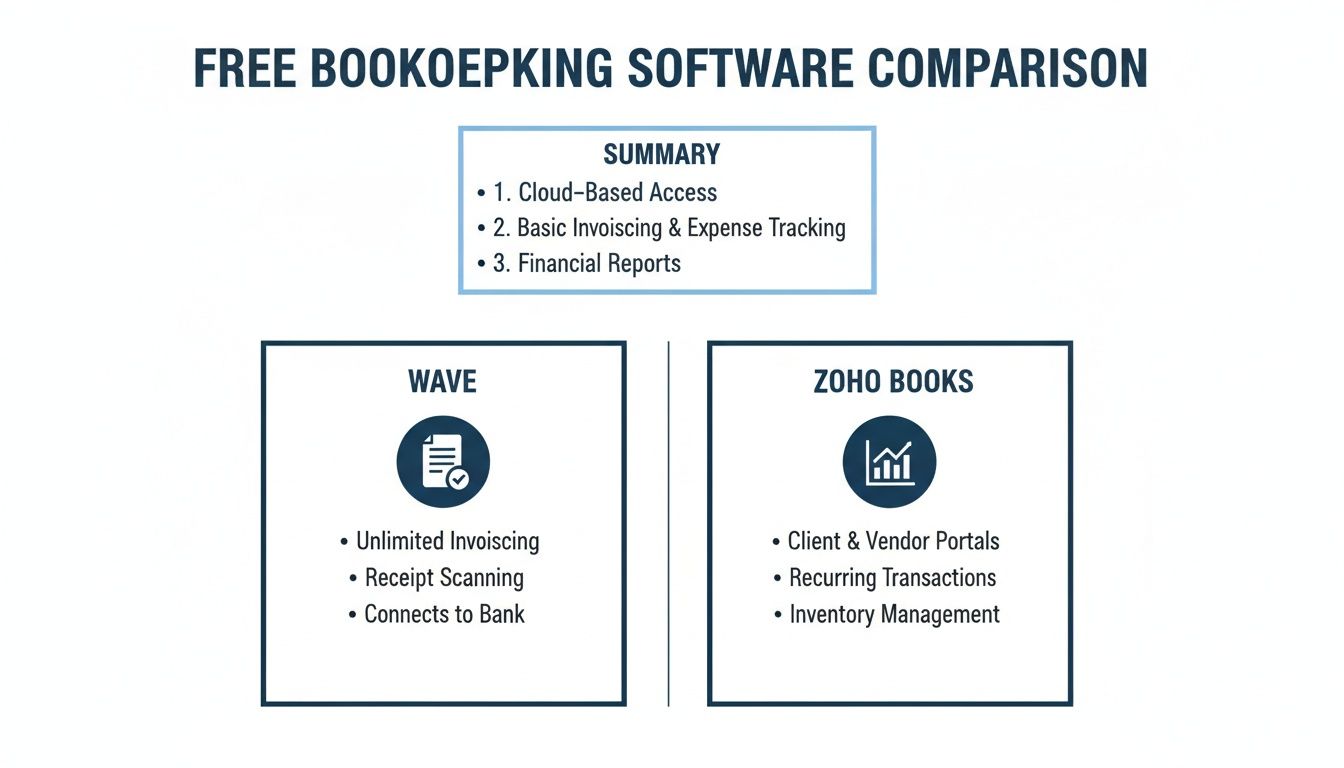 A comparison chart of free bookkeeping software, Wave and Zoho Books, outlining their key features.