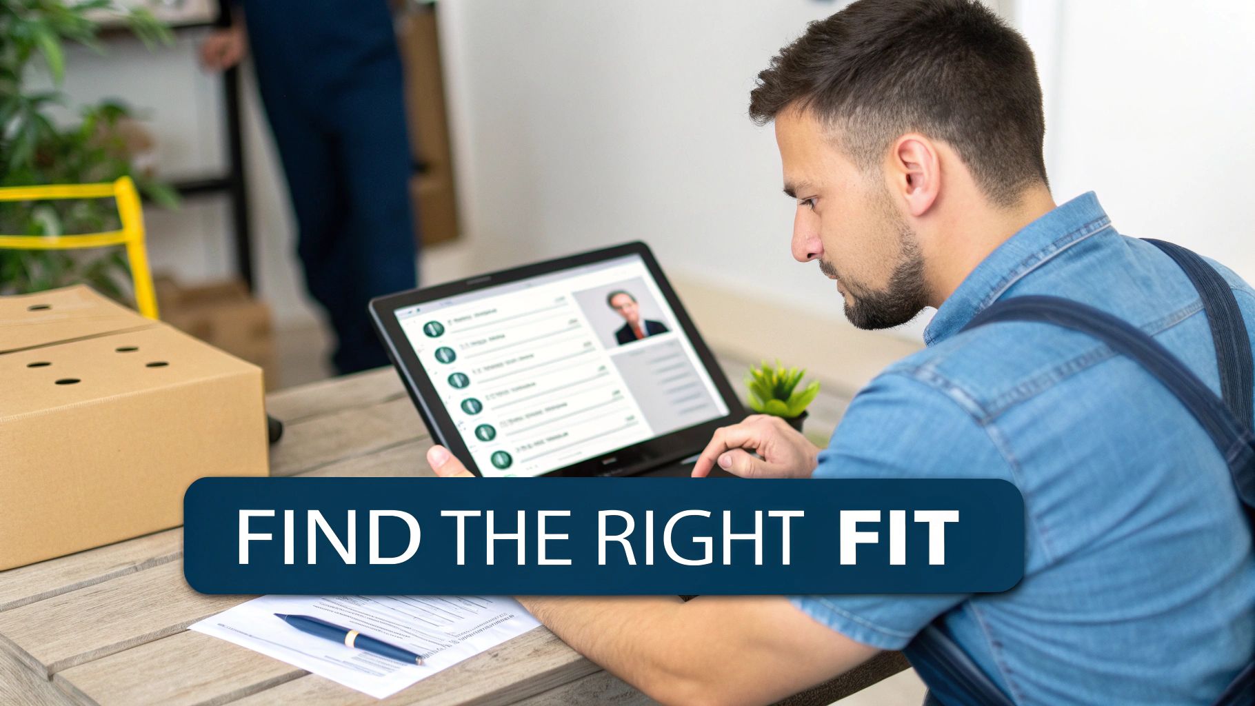Man in denim overalls reviewing professional profiles on a tablet, seeking the right fit for a job.
