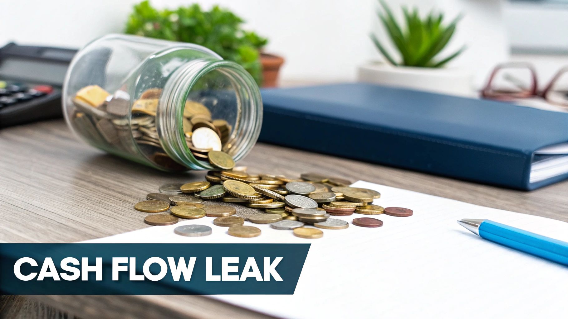 Coins spilling from an overturned glass jar on a wooden desk, symbolizing a cash flow leak.