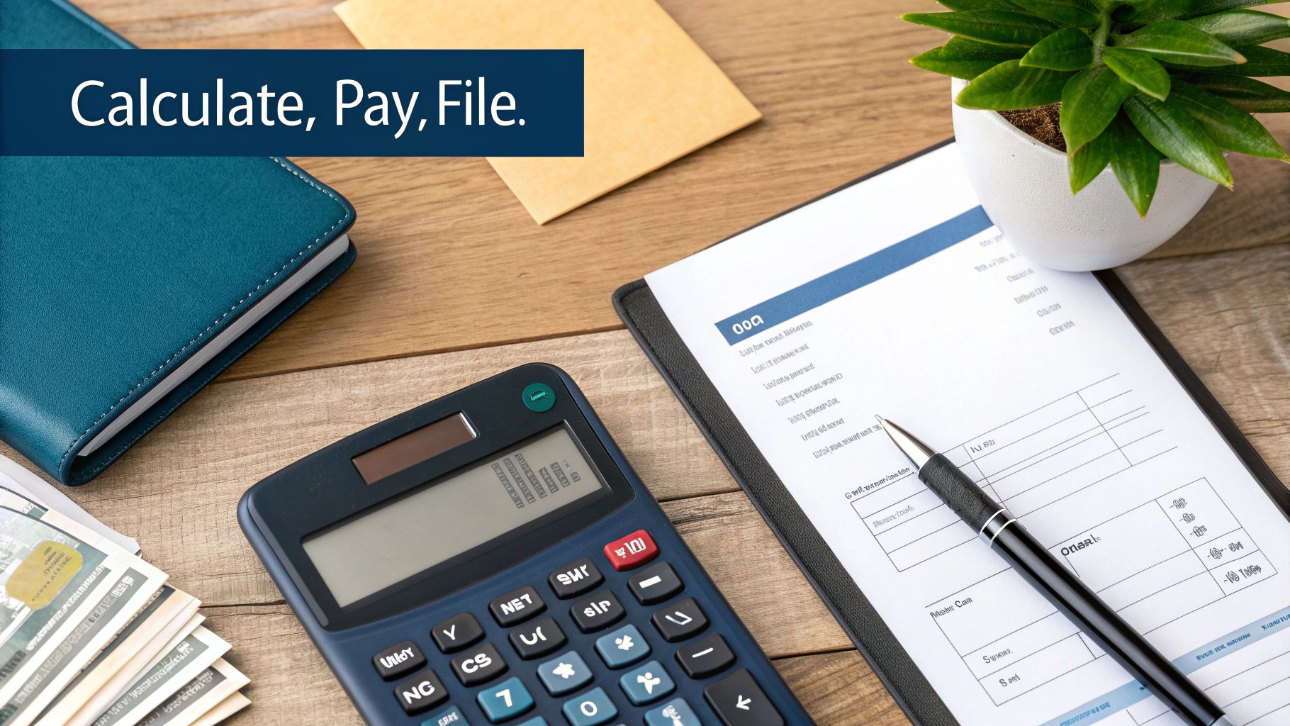 A flat lay of a calculator, money, a document with a pen, and a notebook on a wooden desk. Text reads: "Calculate, Pay, File."