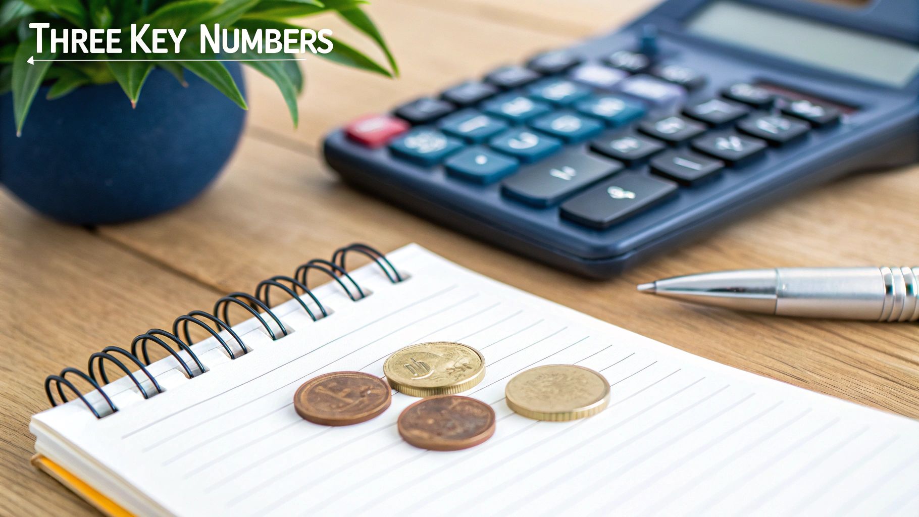 A calculator, notebook with coins, and pen on a wooden desk, emphasizing financial calculation with 'Three Key Numbers' text.