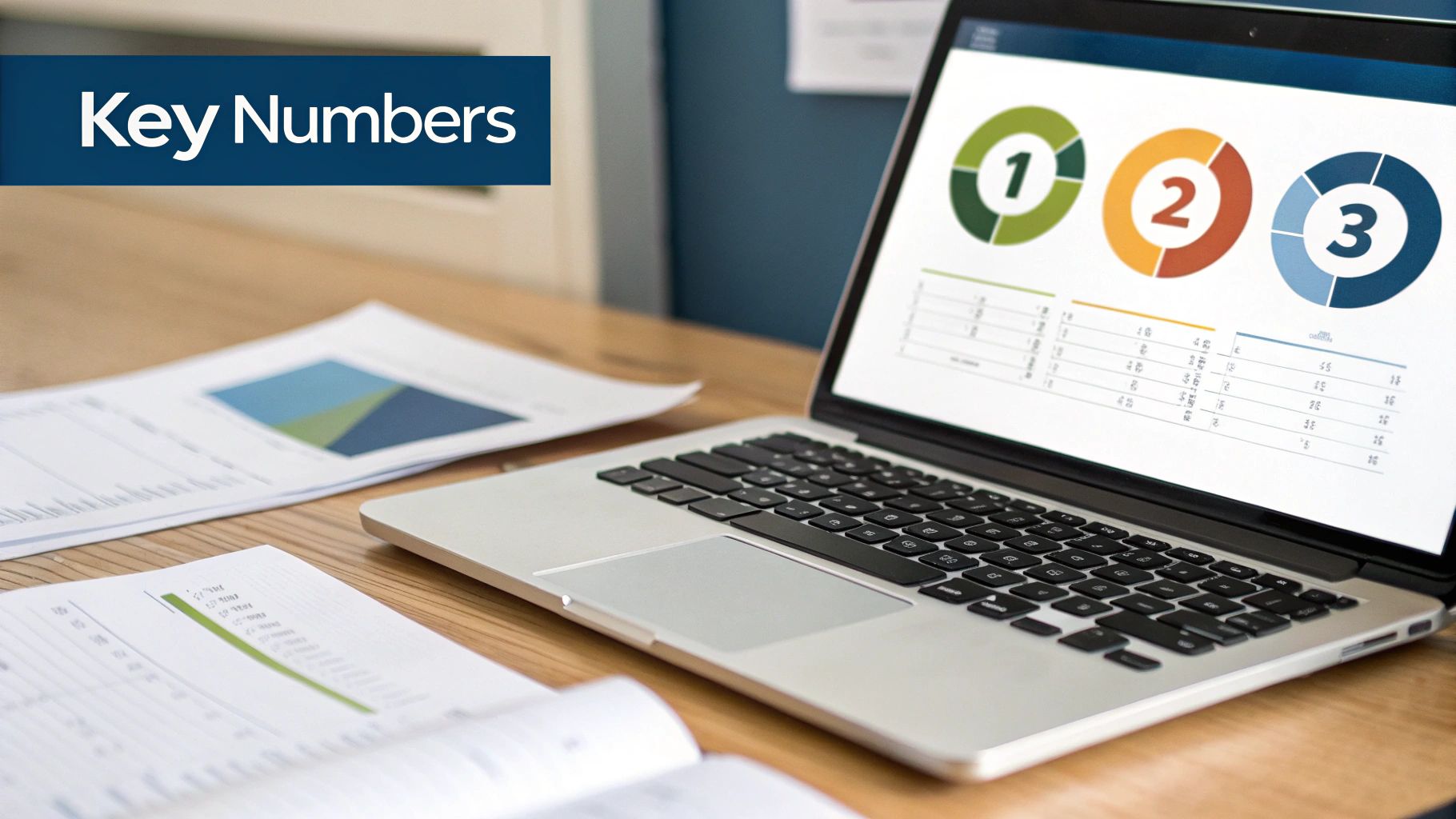 Laptop on a wooden desk displaying financial charts, graphs, and data analysis with a 'Key Numbers' banner.