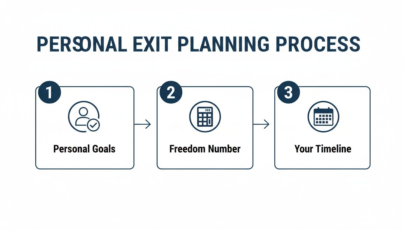 A three-step infographic for personal exit planning: defining goals, identifying freedom number, and setting a timeline.