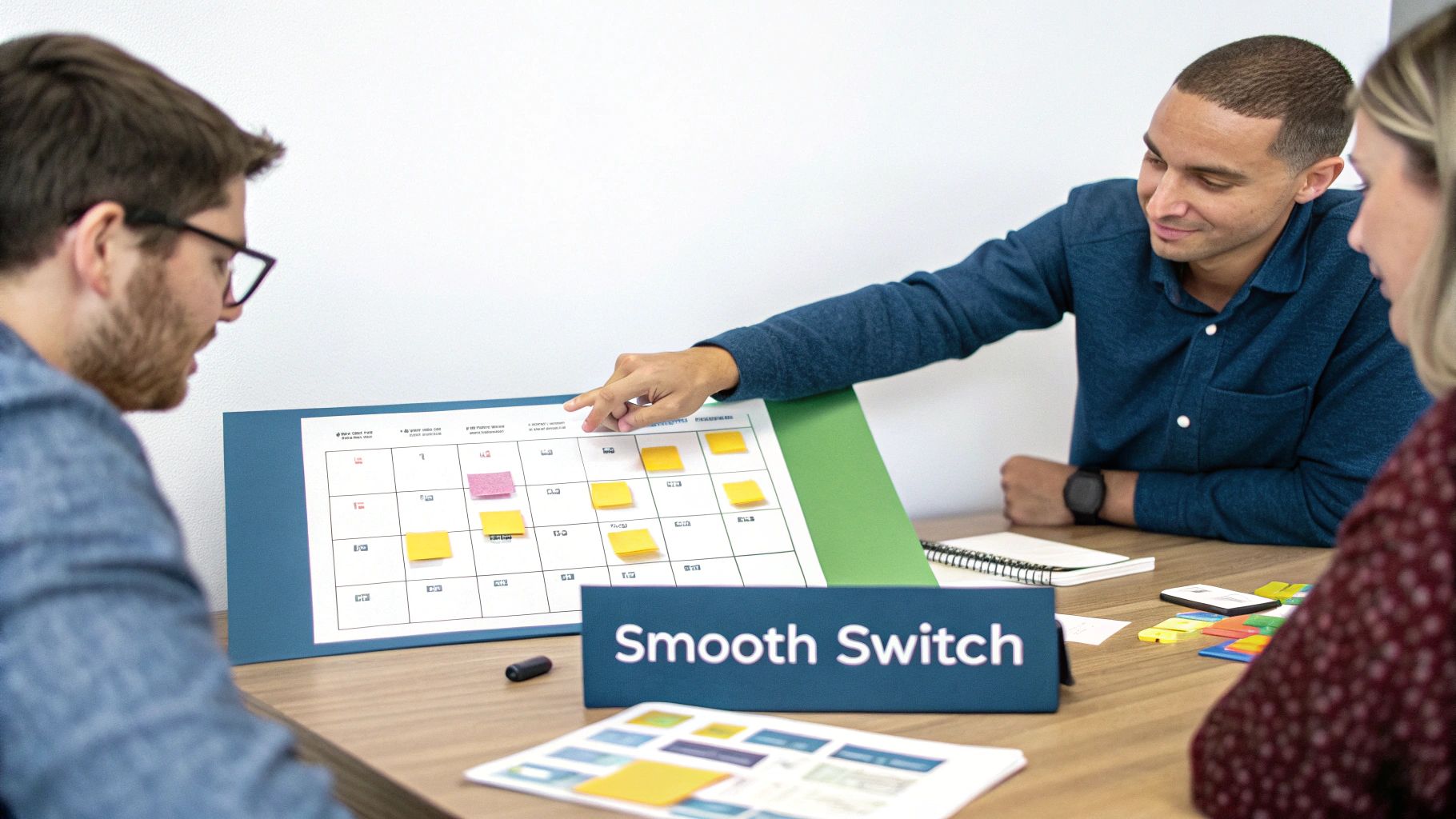 Three professionals collaboratively planning a project using a calendar board with colorful sticky notes and a 'Smooth Switch' sign.