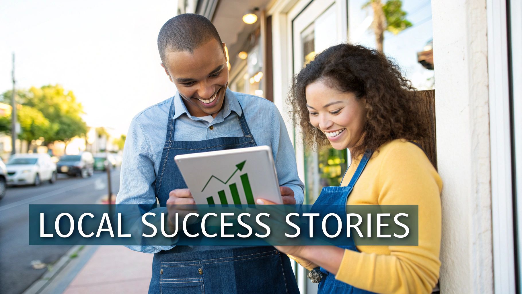 Two smiling small business owners in aprons looking at a tablet showing a growth chart outside their local store.
