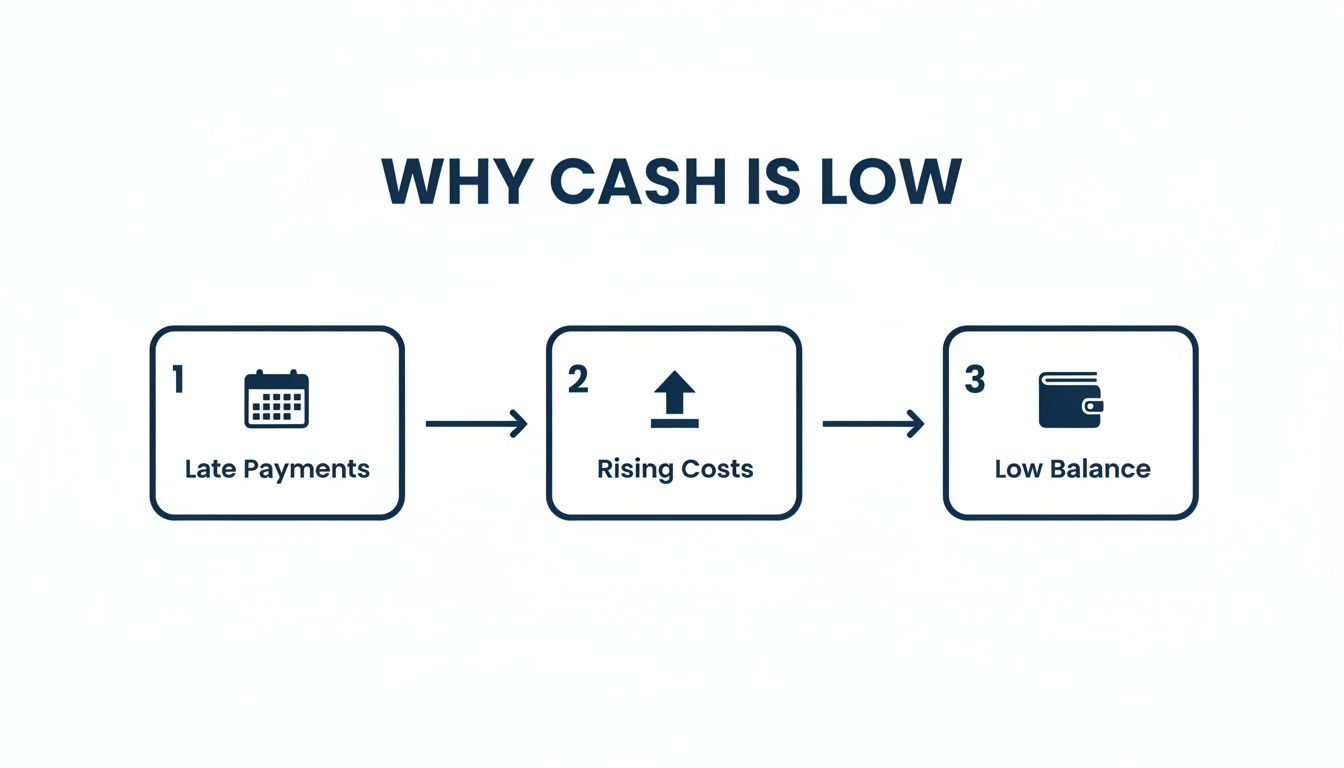 Flowchart illustrating reasons for low cash: late payments lead to rising costs, resulting in a low balance.