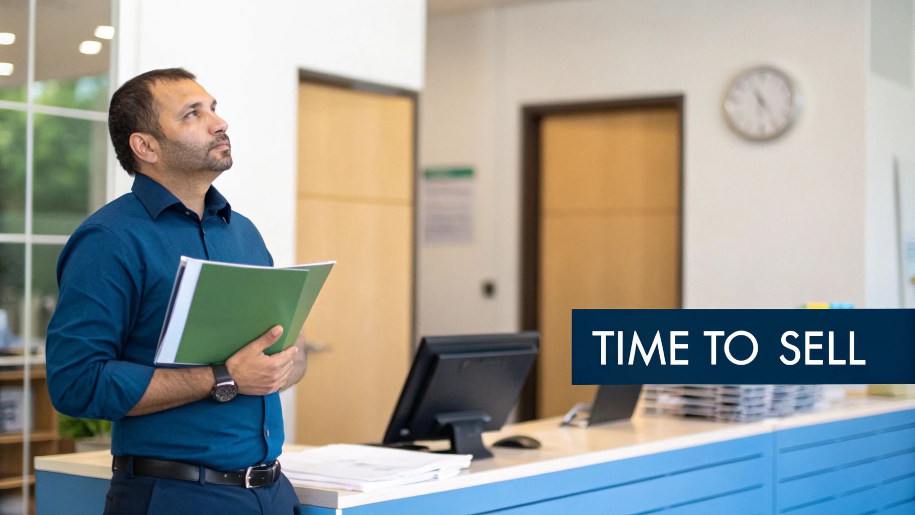 A thoughtful man in an office holding a green folder, with a 'TIME TO SELL' overlay.