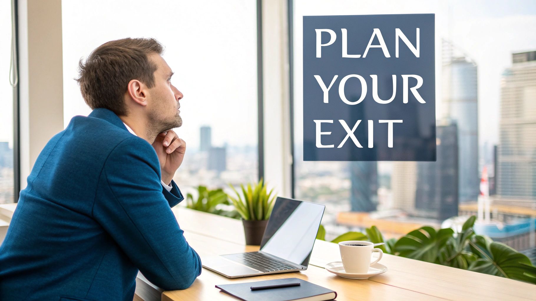 A man in a suit looks contemplatively out a window with a 'PLAN YOUR EXIT' sign.