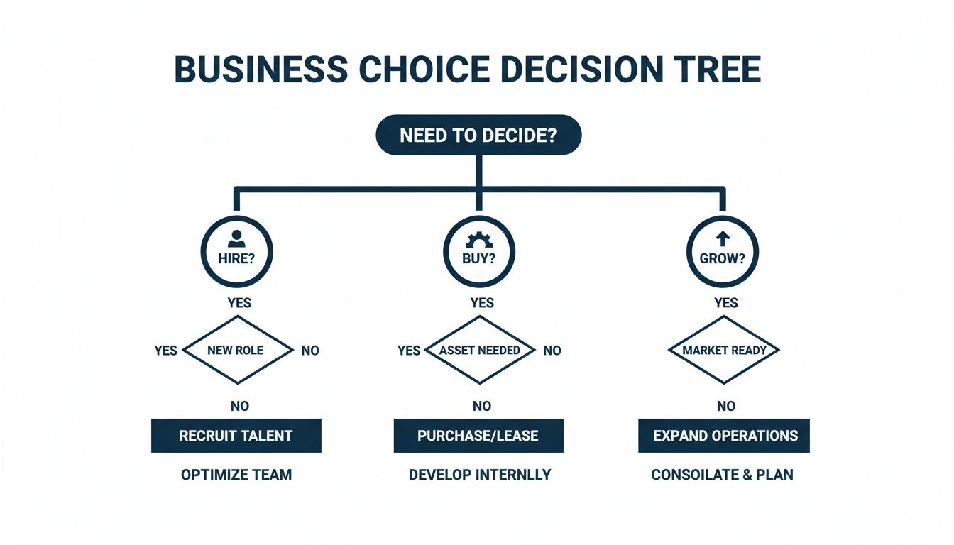 A business choice decision tree flowchart showing options for hiring, buying, or growing operations.