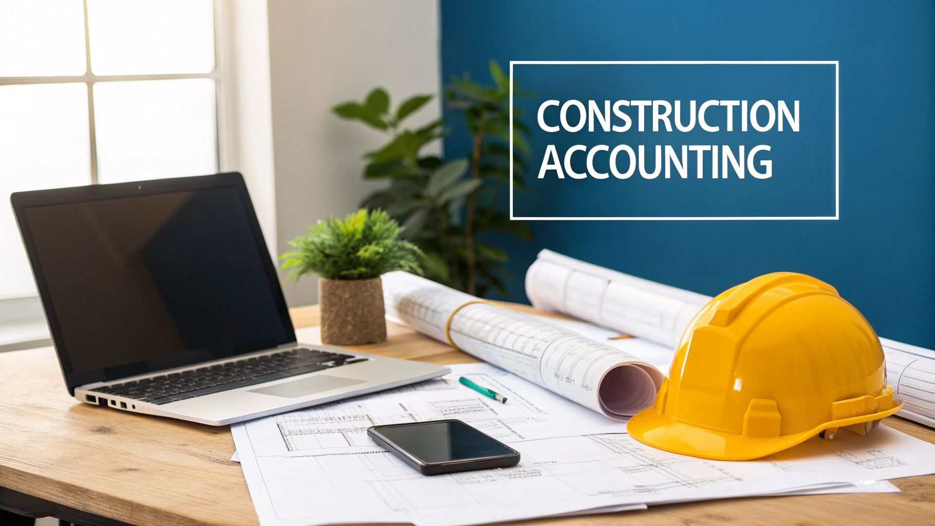 Desk with construction accounting essentials: laptop, blueprints, smartphone, hard hat, and potted plant.