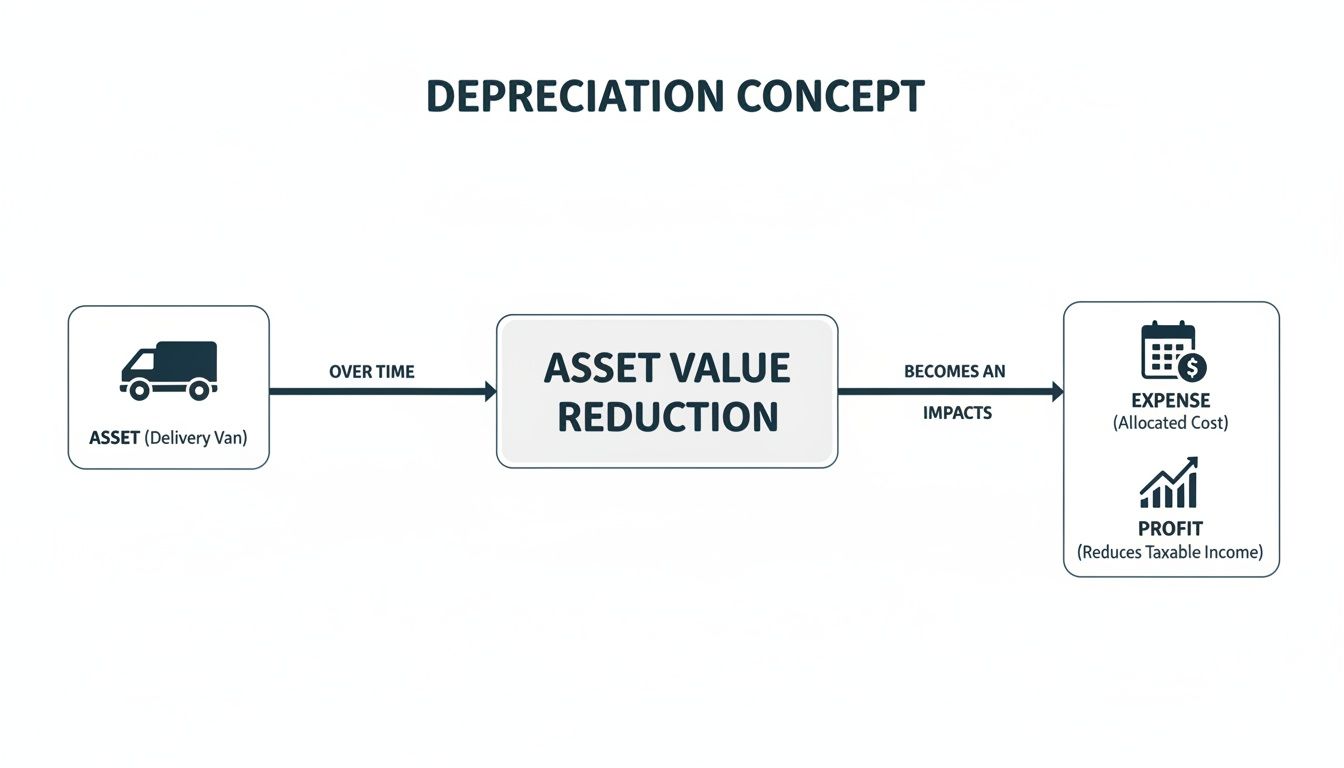 Flowchart illustrating the depreciation concept, showing asset value reduction leading to expense and reduced profit.