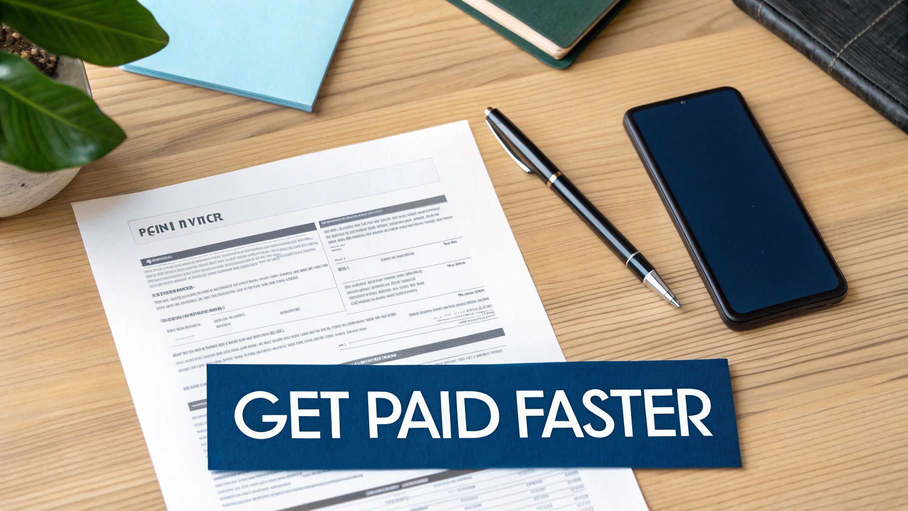 A flat lay of a wooden desk with a document, pen, smartphone, and a 'GET PAID FASTER' banner.