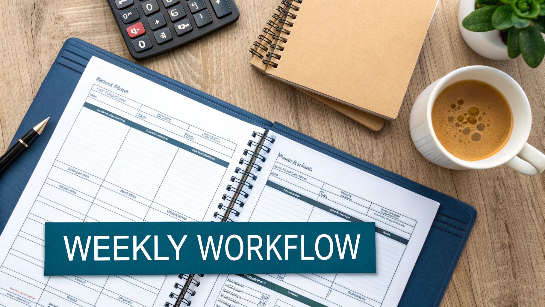 A flat lay of a wooden desk with an open weekly planner, coffee, calculator, and 'WEEKLY WORKFLOW' banner.