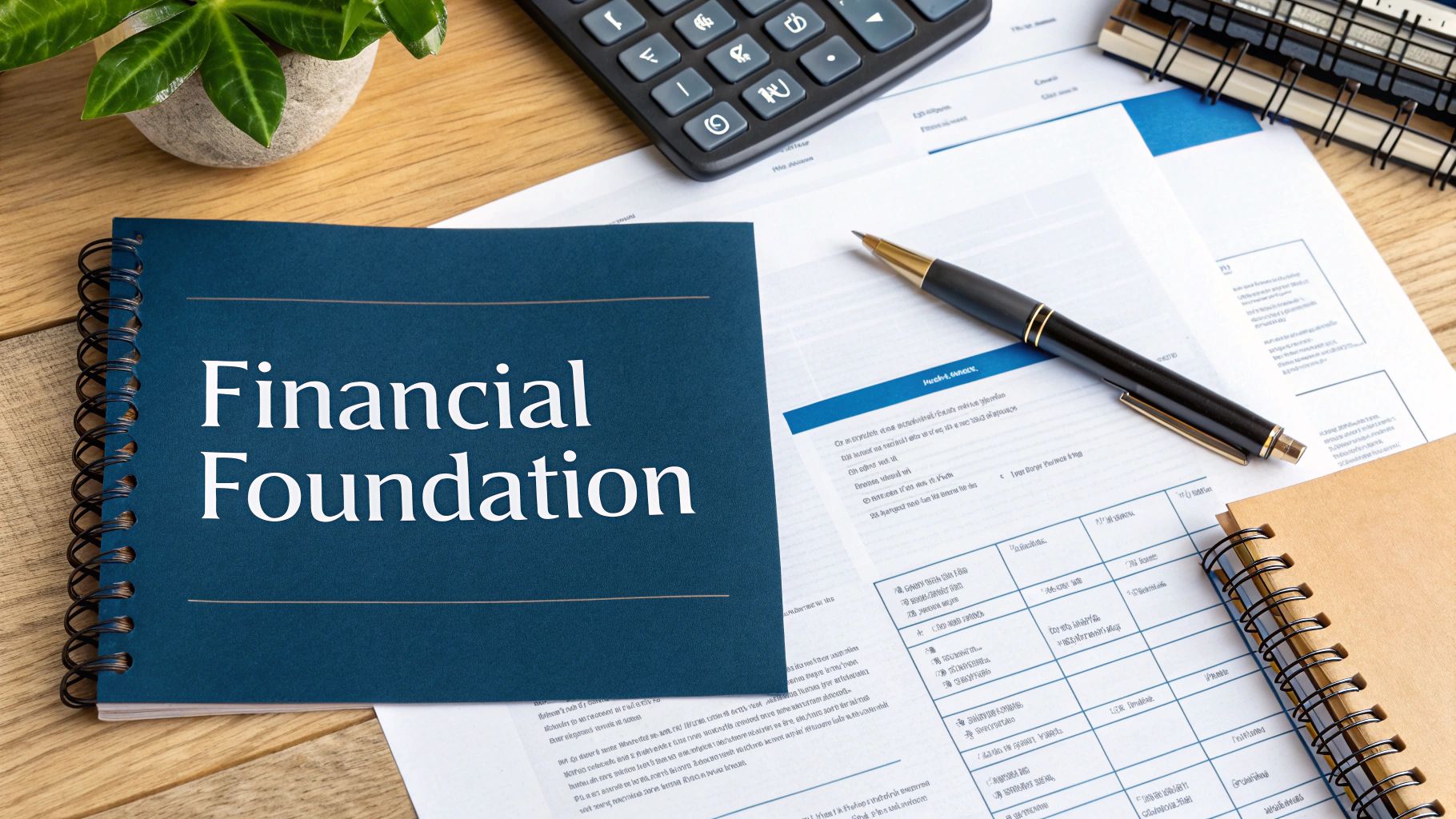 Financial foundation notebook with business documents, calculator, and pen on wooden desk workspace