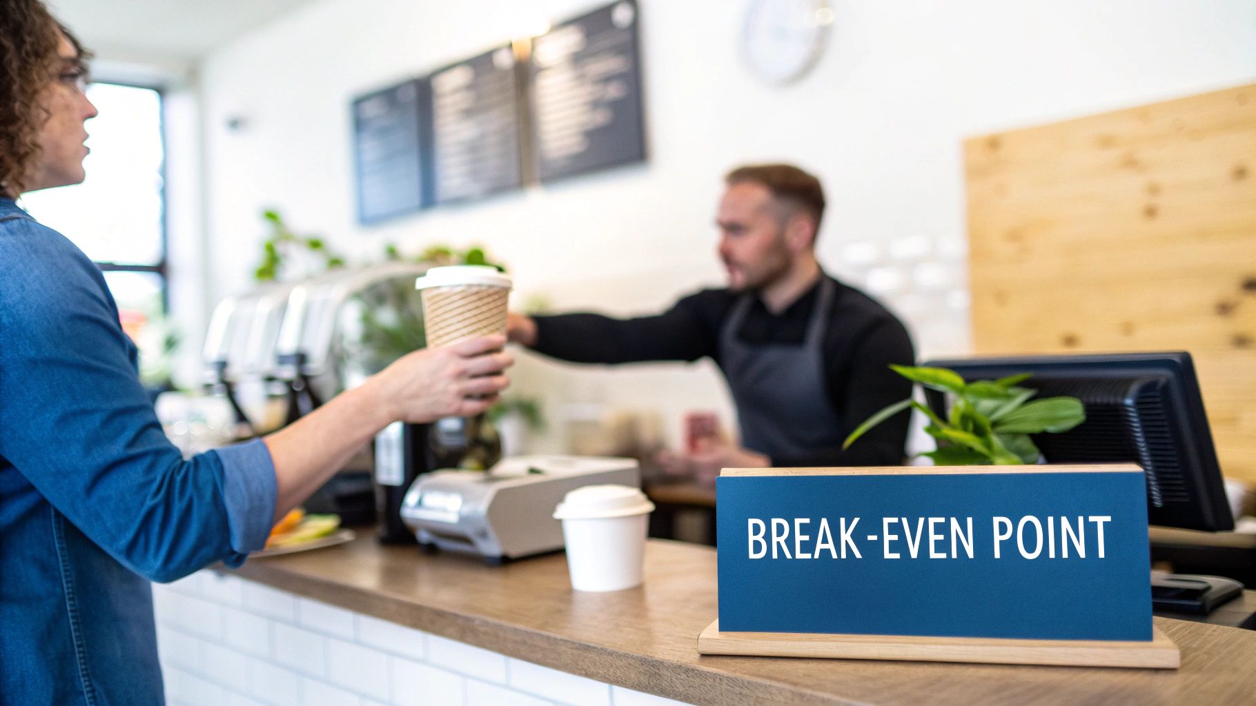 A customer receives coffee from a barista in a modern cafe, with a prominent 'BREAK-EVEN POINT' sign on the counter.