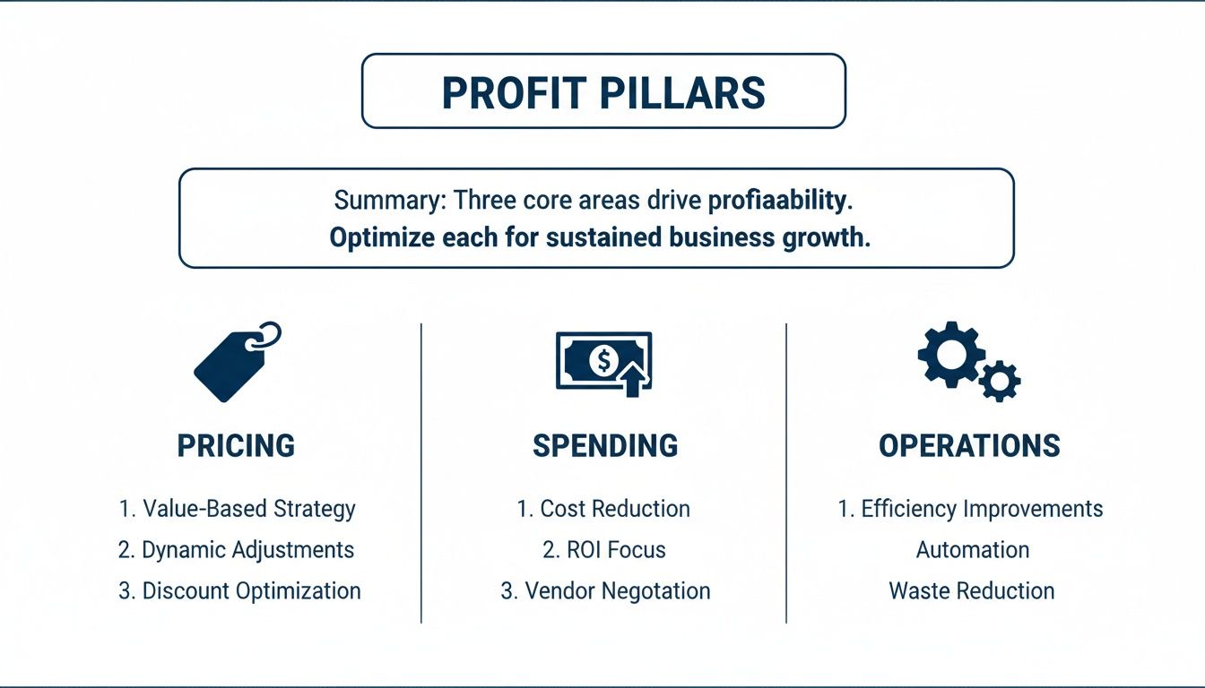 A diagram outlining profit pillars: pricing, spending, and operations, with key strategies for each.