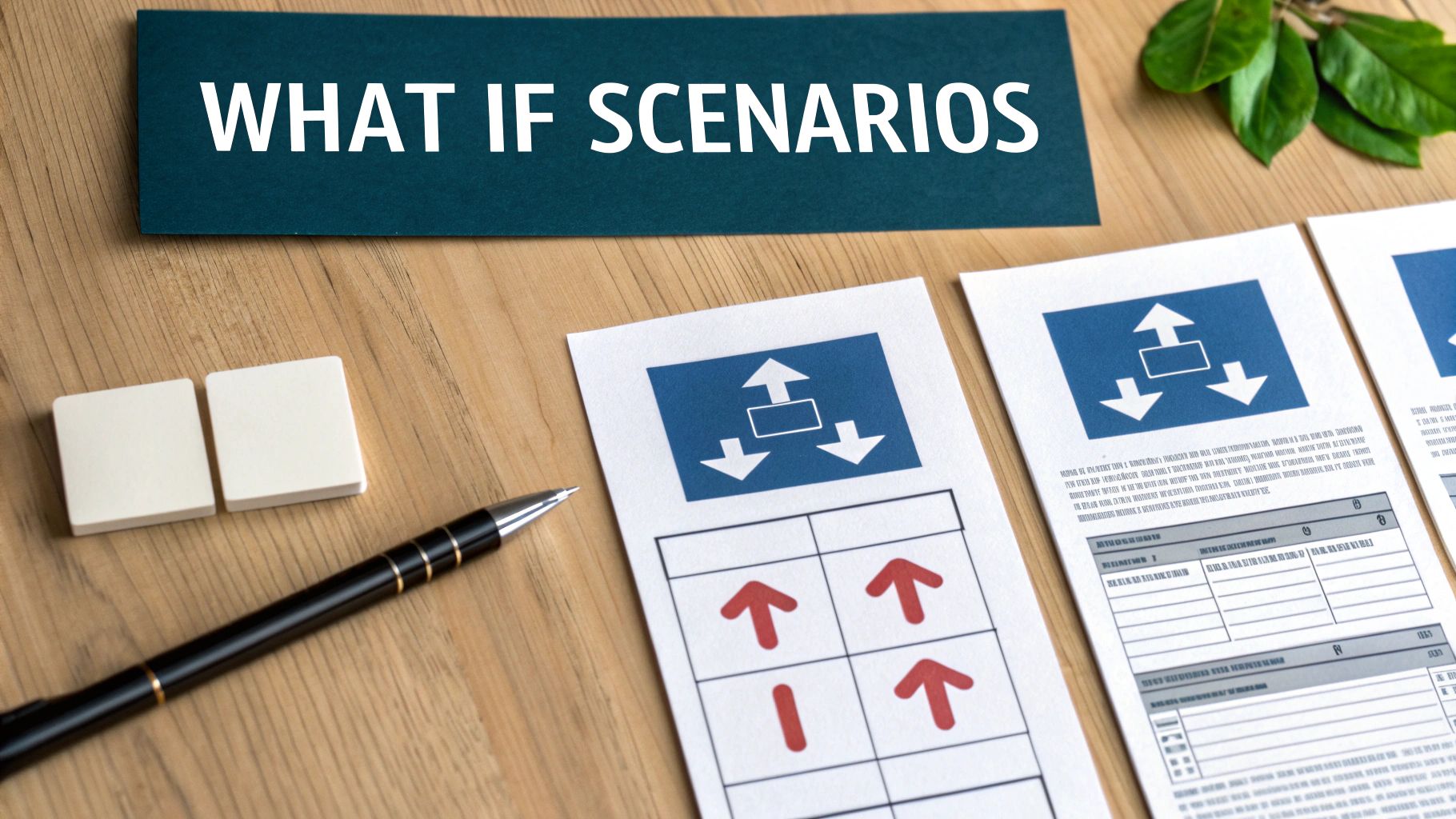 A desk with a sign reading 'WHAT IF SCENARIOS', planning documents, a pen, and notes.