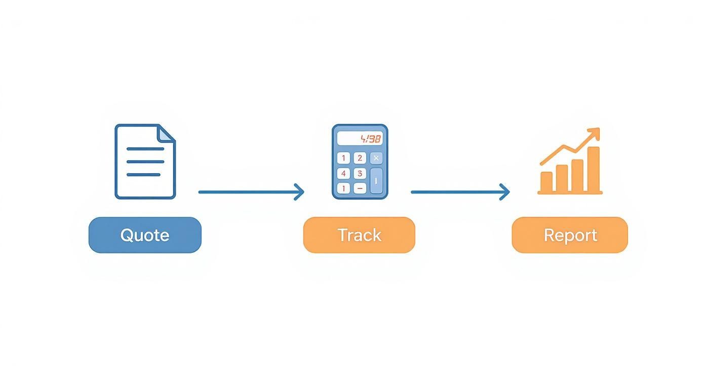 A three-step business process flow showing a document for quoting, a calculator for tracking, and a chart for reporting.
