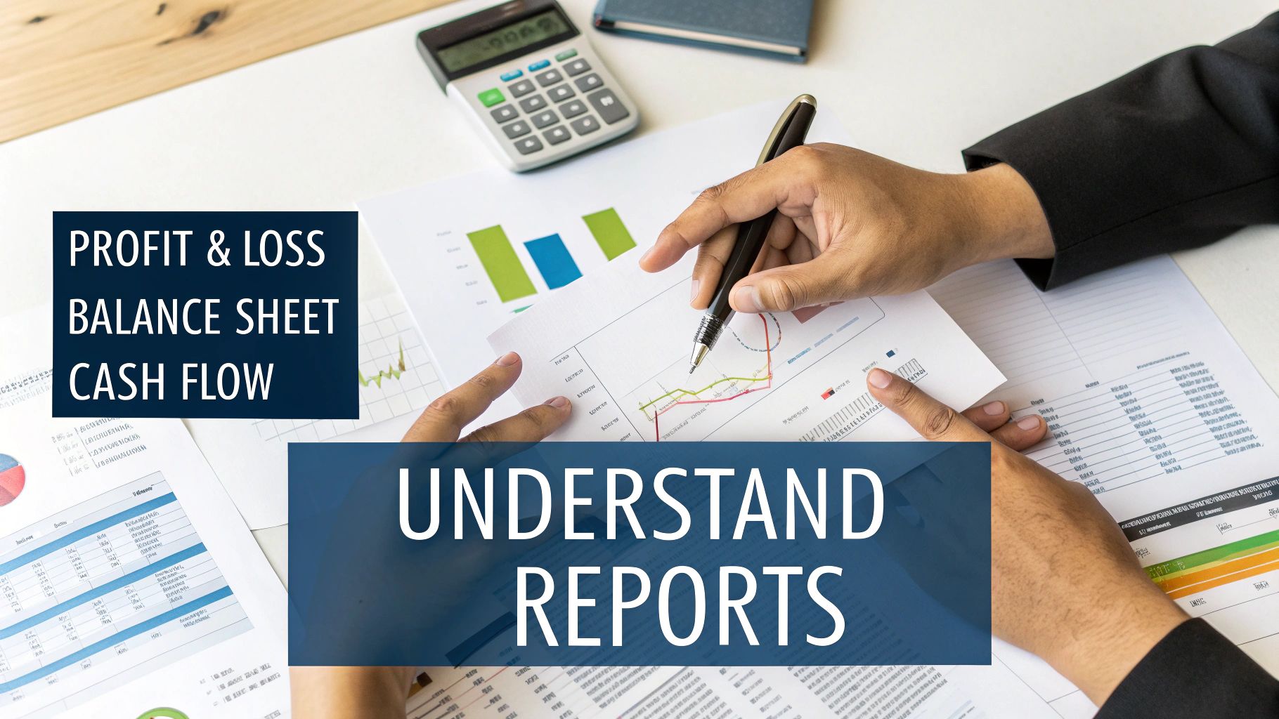 Hands analyzing financial reports and charts, with a calculator and text overlays about key financial statements.