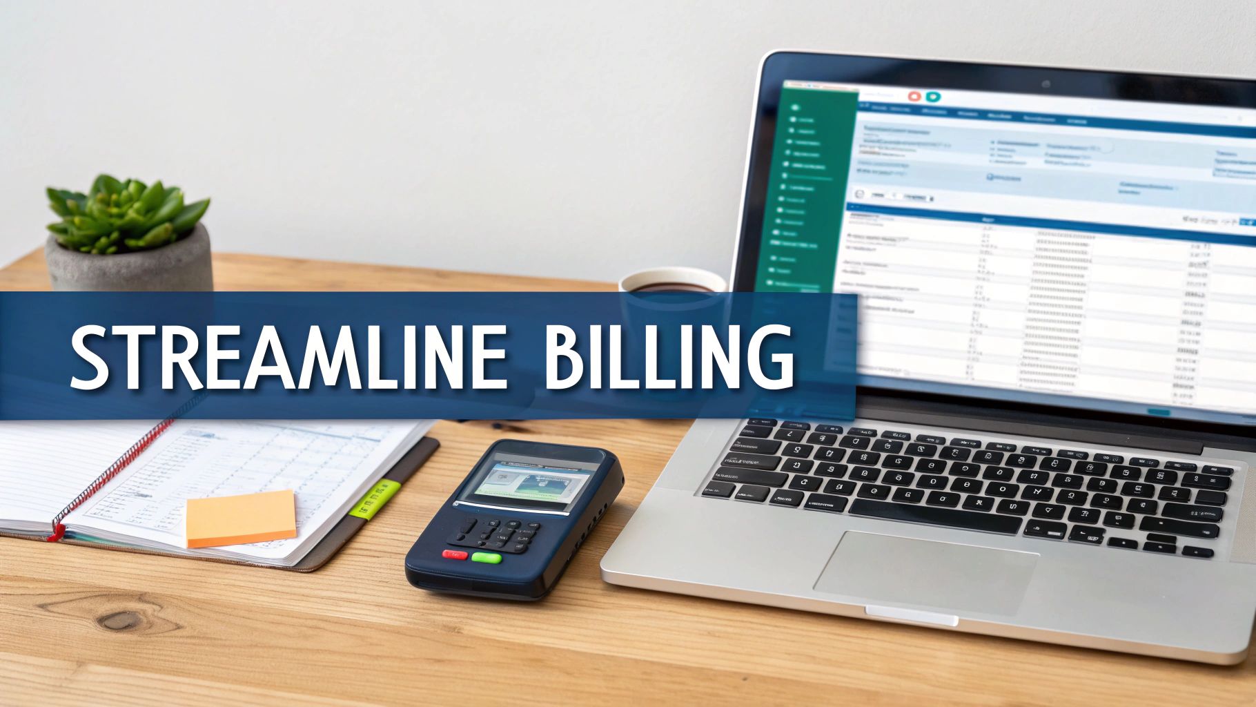 A desk with a laptop displaying billing software, a payment terminal, and a notebook with 'Streamline Billing' text.