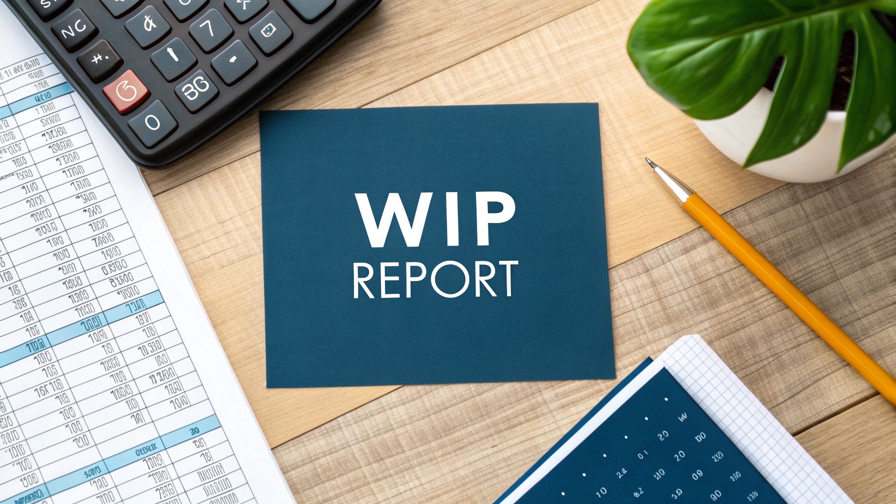 Overhead view of a WIP Report card, calculator, financial papers, pen, and a potted plant on a wooden desk.