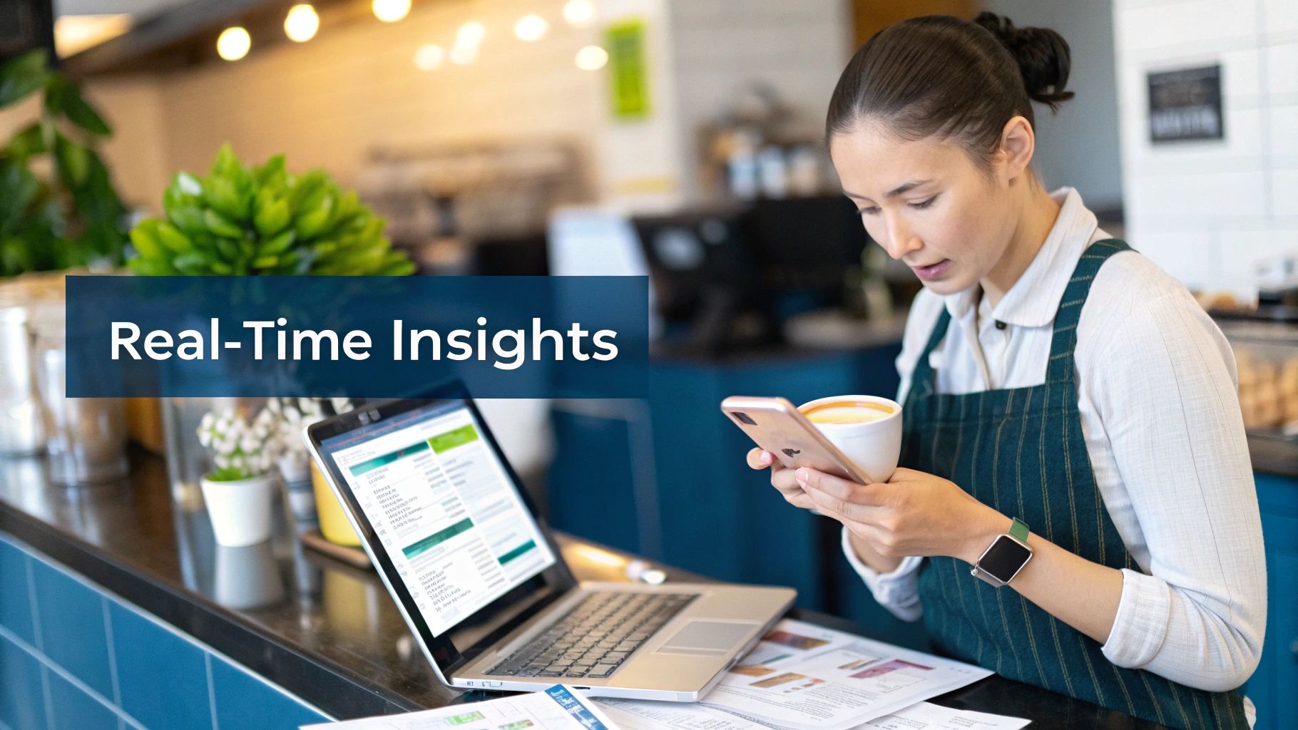 A cafe owner uses a smartphone and laptop to review real-time insights for her business.