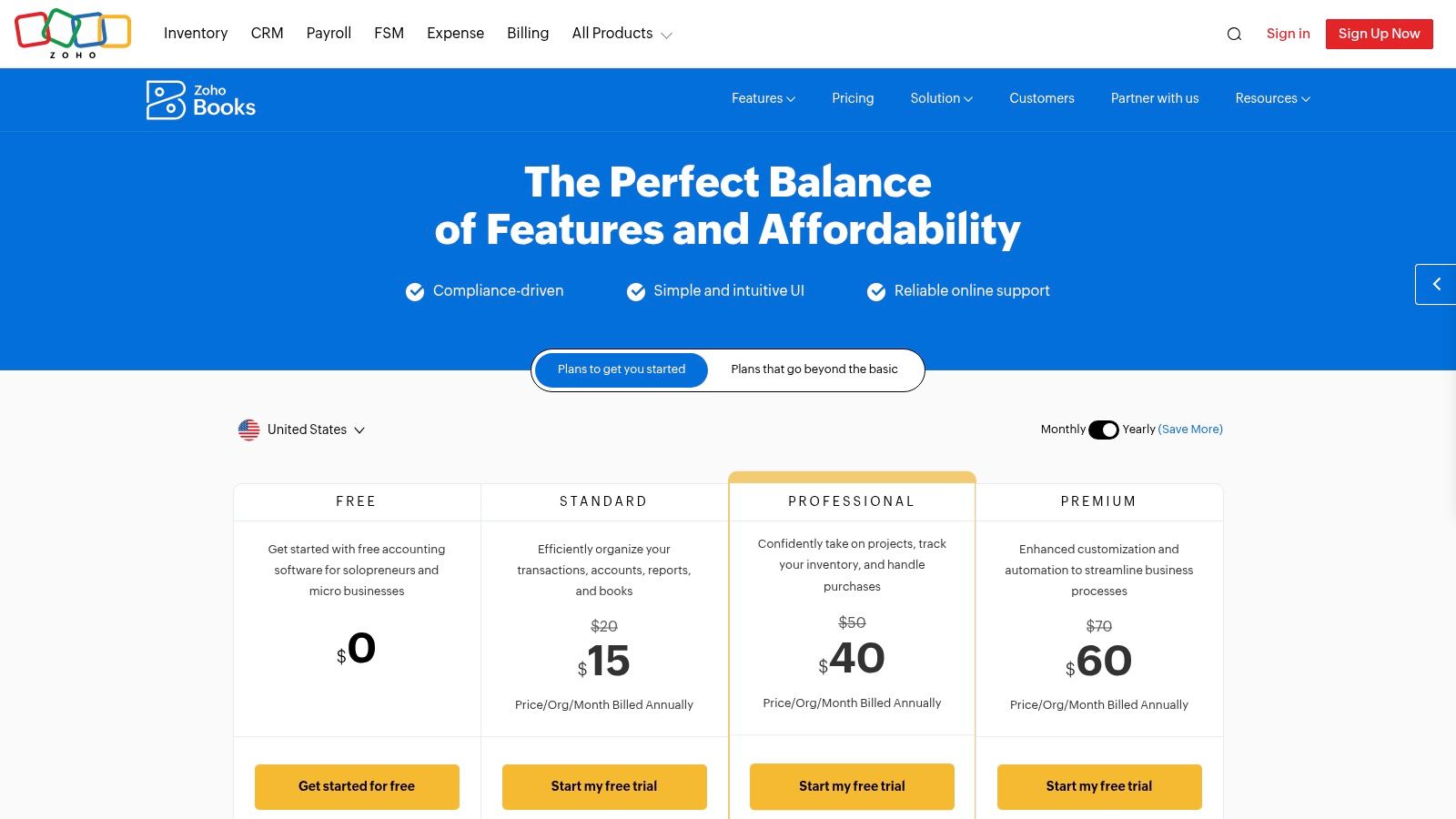 Zoho Books pricing plans showing different tiers and features